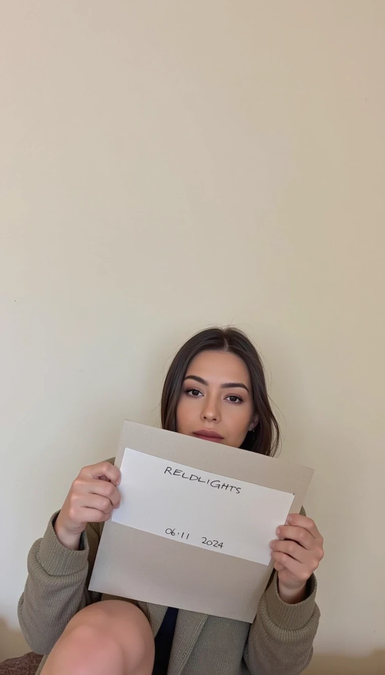 photo of woman CSTMDL, casual photo taken on an iPhone, woman holds a sign with handwritten text. She is wearing long sleeves and has neutral makeup. The sign reads "REDLIGHTS" followed by "06/11/2024" in a simple script. The background is a plain, light-colored wall, providing a minimalist and uncluttered setting.