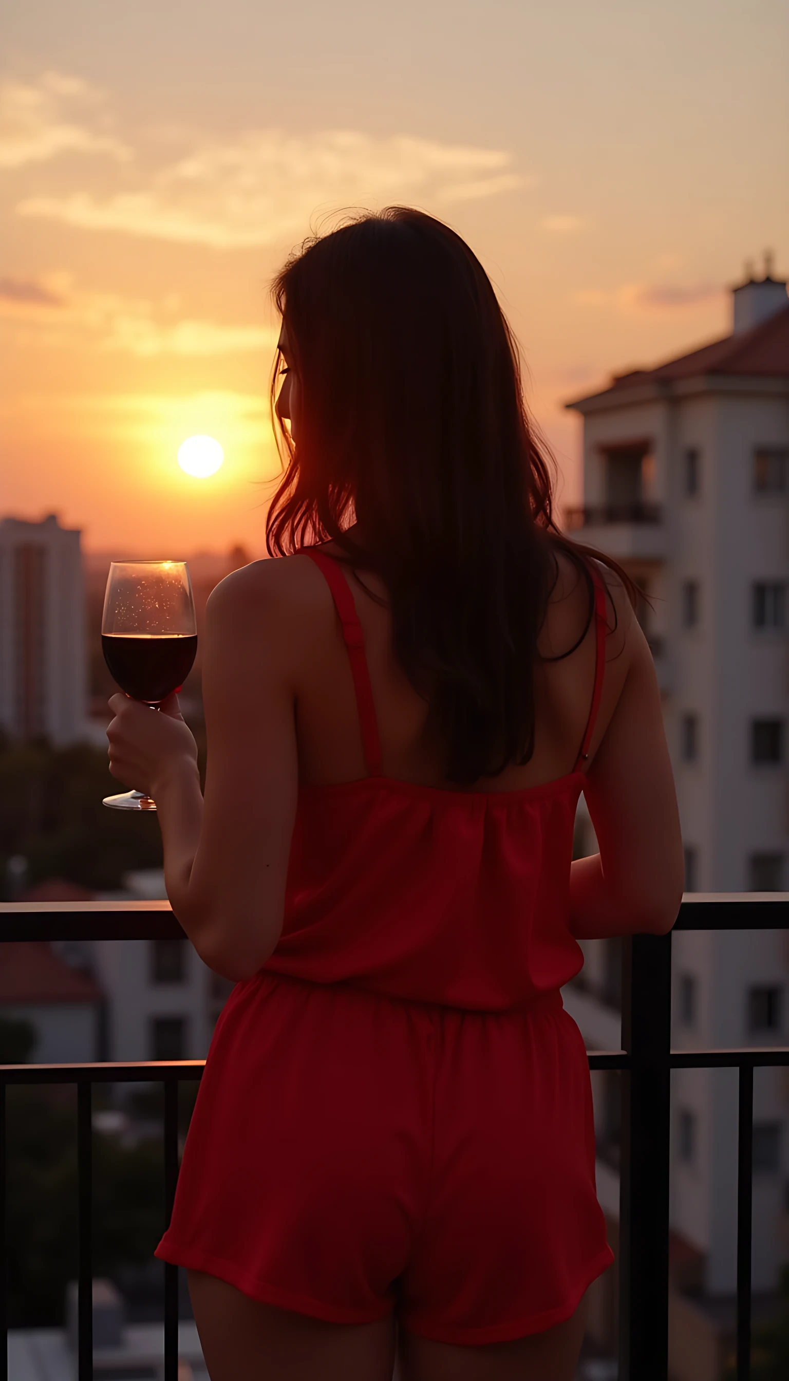 CSTMDL,Shot from a high 80-degree angle, mostly from behind, face not visible, medium shot, standing on balcony, sexy red lingerie pyjamas, holding glass of wine, sunset