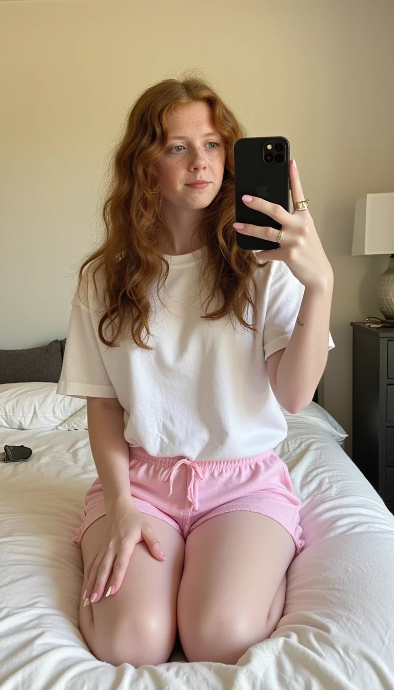 a iphone mirror selfie photo of a 20 yr old college girl CSTMDL with long wavy red hair wearing short pink pajama shorts and a long oversized white tshirt. She is a bedroom on a bed with white sheets. She is sitting with her legs spread. The iPhone is black