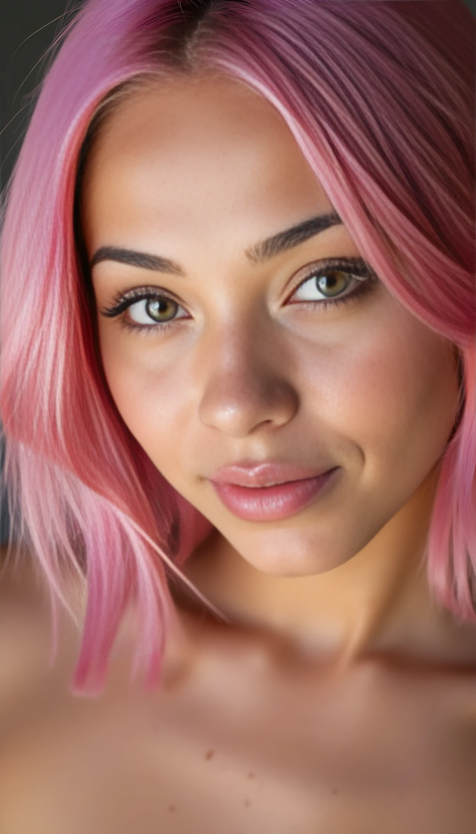 A studio-quality full-face portrait photo of a beautiful 20 years old model, mixed ethnicity of half white American half Brazilian, with pink hair, ultra detailed green eyes with sharp iris reflections, slight smile, high-quality