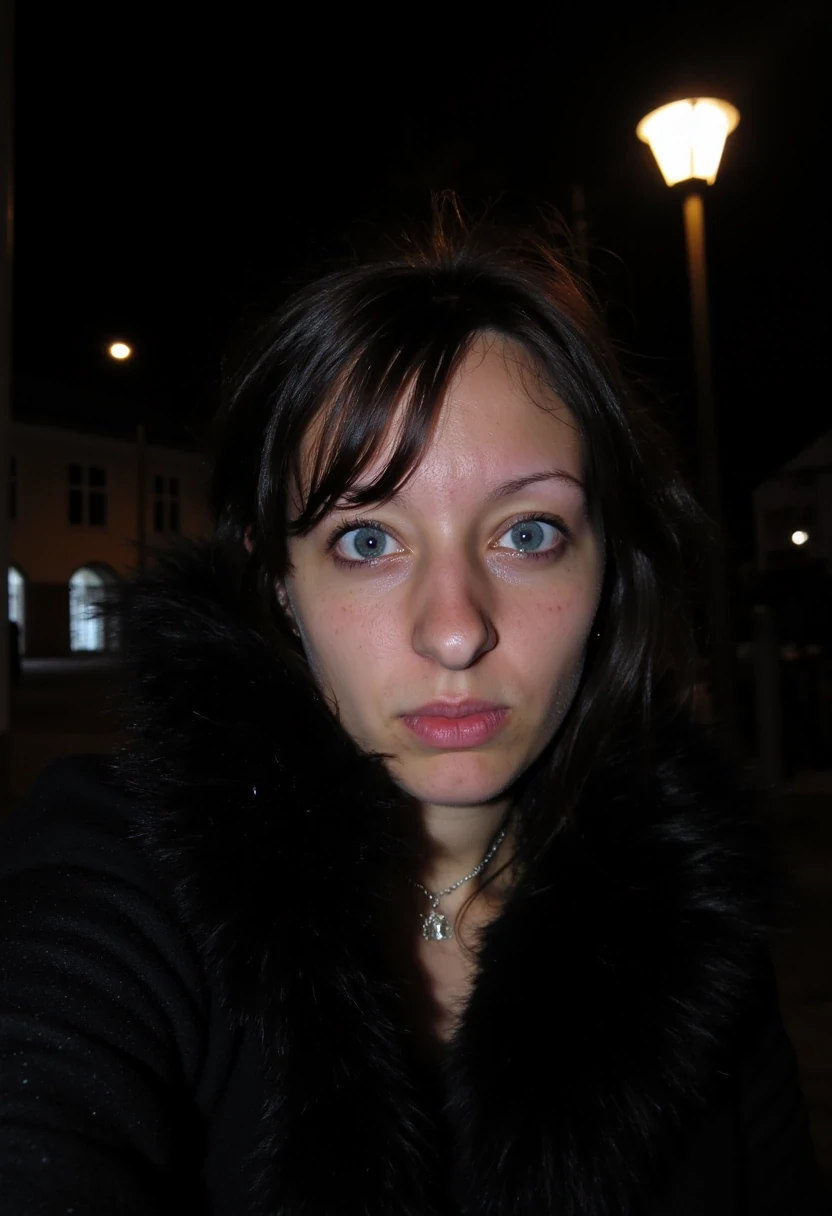 CSTMDL, ice blue eyes, brunette, close-up of her face, angry, under street lamp by night, bothered

