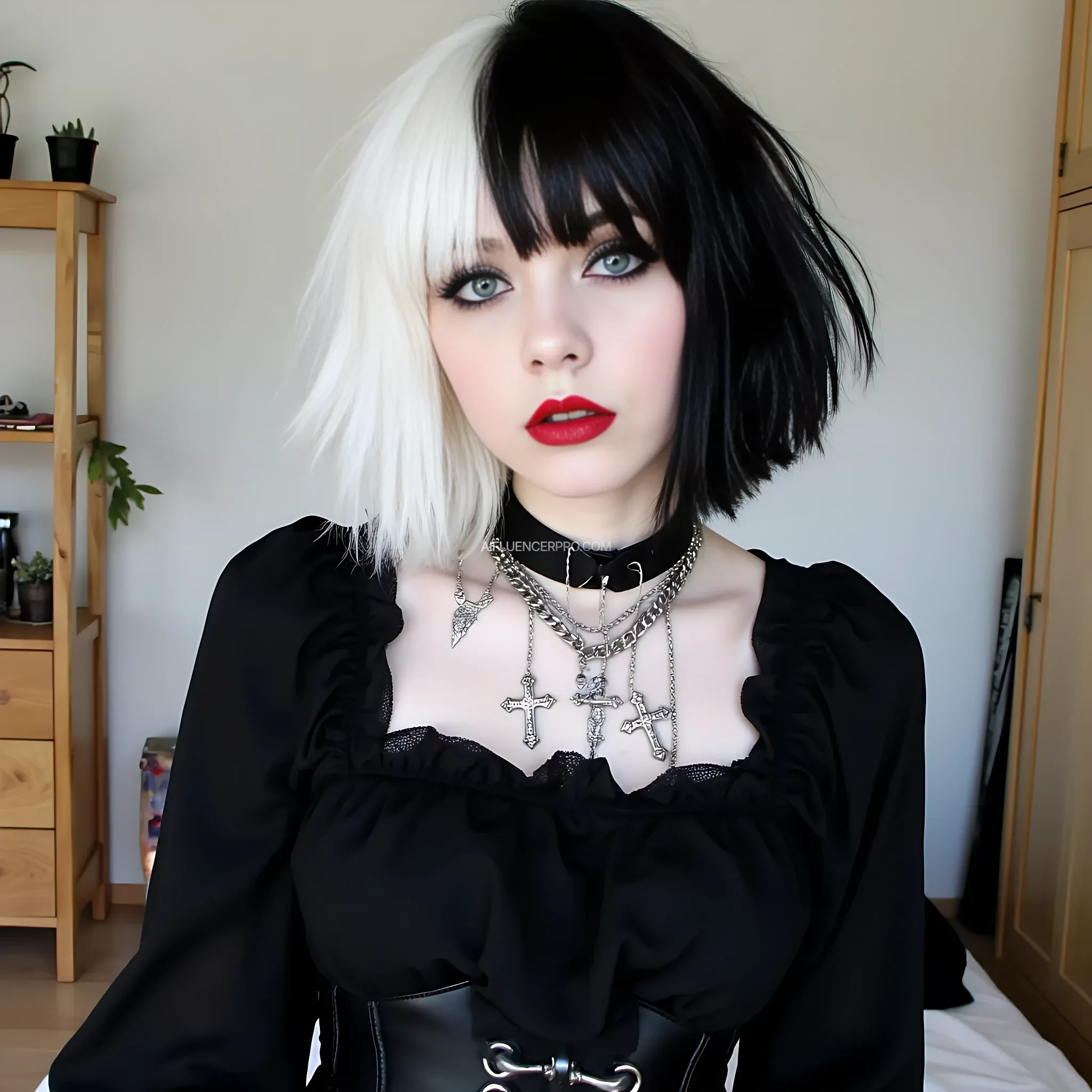 The image is a high-resolution photograph featuring a young woman with a striking gothic style. She has a pale complexion and wears vibrant, deep red lipstick that contrasts sharply with her dark eyeliner and mascara, accentuating her large, expressive eyes. Her hair is styled in an asymmetrical bob, with the left side  fully dyed black and the right side fully dyed white, creating a striking contrast, styled in a voluminous, very messy tousled bob with bangs that frame her face. She has a septum ring.
She is dressed in a black, lace-trimmed blouse with long sleeves, which she wears over a black corset with silver hardware, cinched at the waist. Around her neck, she wears a black choker with a large silver cross pendant, and multiple chains with smaller crosses and charms hang from it. The background is a simple, light-colored room with wooden furniture, including a shelf with a few small potted plants and decorative items. The overall aesthetic of the image is dark and edgy, with a focus on the woman's bold, alternative fashion and makeup. The image conveys a sense of individuality and rebellion through its gothic and punk-inspired elements.
