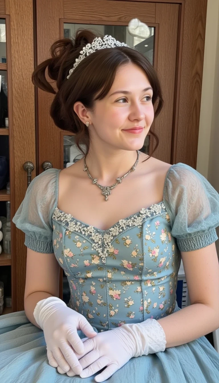 CSTMDL. A young woman in a beautifully embroidered, pastel blue gown sits in an elegant, vintage room. Her hair is styled in an ornate updo, and she wears a delicate necklace that complements her outfit. She is holding white gloves and looking off to the side with an expression of delight, her surroundings suggesting a historical or classic setting with a soft-focus background that features wooden furniture and draped curtains.