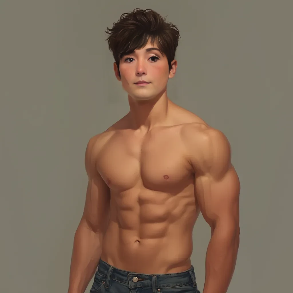 a 25 year old vaguely latino young adult who is relatively short (maybe between 5'4" - 5' 7") with short brown hair.  Defined abs, but relatively skinny, some arm muscle but not a ton.