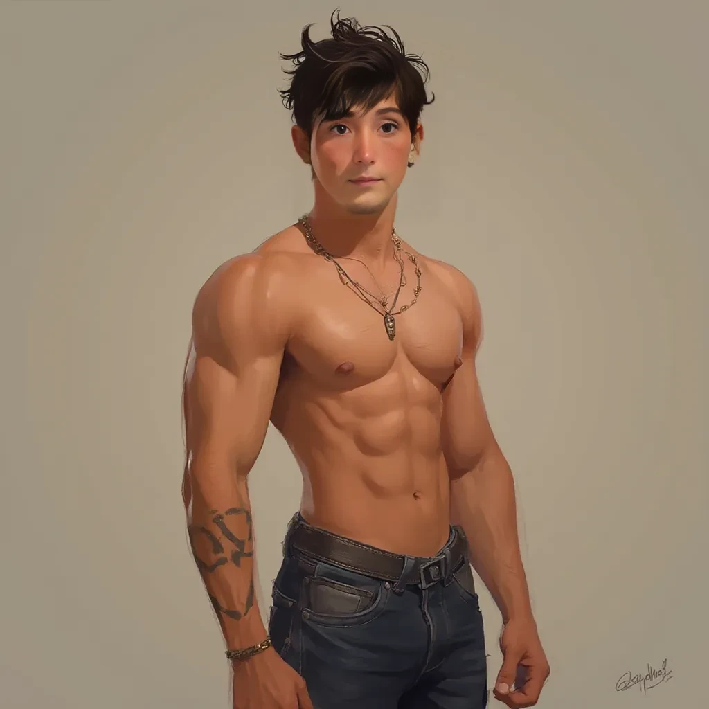 a 25 year old vaguely latino young adult who is relatively short (maybe between 5'4" - 5' 7") with short brown hair.  Defined abs, but relatively skinny, some arm muscle but not a ton.