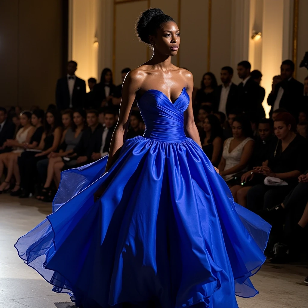 CFDA Awards Entry
Shot on Canon R3, 50mm f/1.2, ISO 400, 1/250 sec. Statuesque African American model in Christopher John Rogers volume gown, electric blue taffeta catching light. Light olive brown skin glowing under precision lighting setup. Multiple Profoto B10X units creating dimensional light on sculptural dress. Hair in architectural updo showing clean neck line. Background: Fashion industry elite, American fashion's biggest night.
 CSTMDL