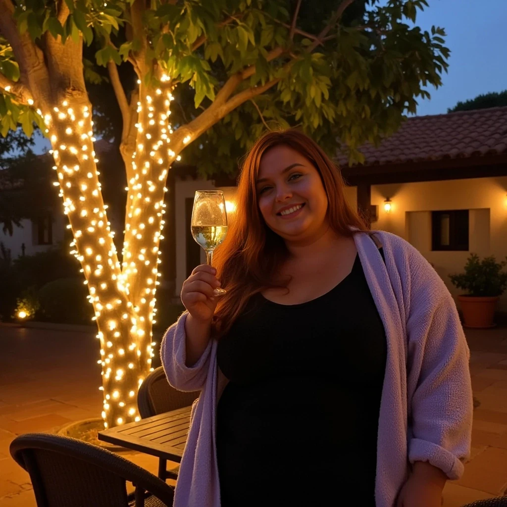 A full body shot photo of a woman standing outdoors at a cozy, warmly lit patio in the evening, with soft, glowing lights wrapped around a tree behind them creating a charming atmosphere. The image is rich in detail, with warm tones and clear textures throughout. The woman has brown skin, a thick build, and long reddish hair, also worn loose. She is smiling warmly at the camera, holding a glass of white wine in her right hand, and wears a soft-textured lavender cardigan over a black top. The background features a large tree with sparkling string lights wrapped around its trunk and branches, adding a magical touch to the scene. The setting suggests a private outdoor seating area, with elements like terracotta-tiled roofing, greenery, and rattan chairs contributing to a serene, inviting vibe. The overall composition is balanced, with the woman framed against the softly glowing tree, and the lighting enhances the warm, intimate feel of a quiet evening shared among friends. The details are vivid, with textures of clothing, skin, and background elements clearly visible, while the warm lighting creates a relaxed and joyful mood.