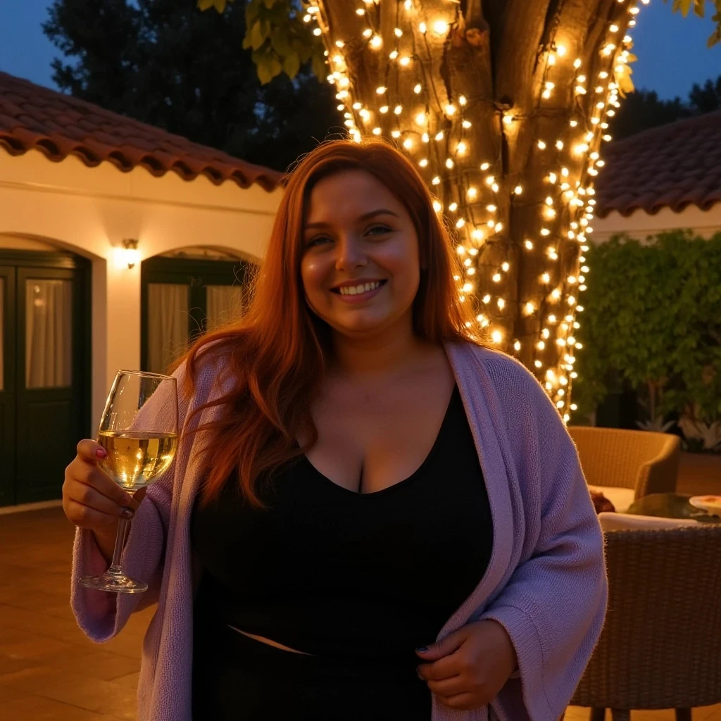 A full body shot photo of a woman standing outdoors at a cozy, warmly lit patio in the evening, with soft, glowing lights wrapped around a tree behind them creating a charming atmosphere. The image is rich in detail, with warm tones and clear textures throughout. The woman has brown skin, a thick build, and long reddish hair, also worn loose. She is smiling warmly at the camera, holding a glass of white wine in her right hand, and wears a soft-textured lavender cardigan over a black top. The background features a large tree with sparkling string lights wrapped around its trunk and branches, adding a magical touch to the scene. The setting suggests a private outdoor seating area, with elements like terracotta-tiled roofing, greenery, and rattan chairs contributing to a serene, inviting vibe. The overall composition is balanced, with the woman framed against the softly glowing tree, and the lighting enhances the warm, intimate feel of a quiet evening shared among friends. The details are vivid, with textures of clothing, skin, and background elements clearly visible, while the warm lighting creates a relaxed and joyful mood.