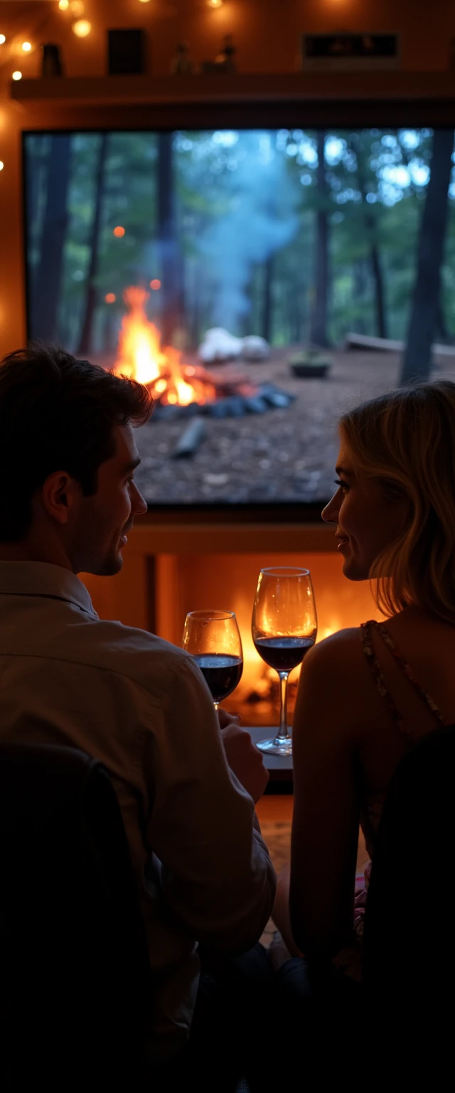 "Create a realistic, visually appealing image depicting a handsome young man and a woman engaged in an intimate, romantic date setting. The couple is seated comfortably, enjoying a nice glass of wine and relaxed conversation. In the background, a large, clearly visible television screen is displaying a soothing, immersive nature scene featuring a bonfire gently flickering in a tranquil woodland setting. Emphasize warm, cozy lighting and a welcoming atmosphere that complements the romantic mood."
