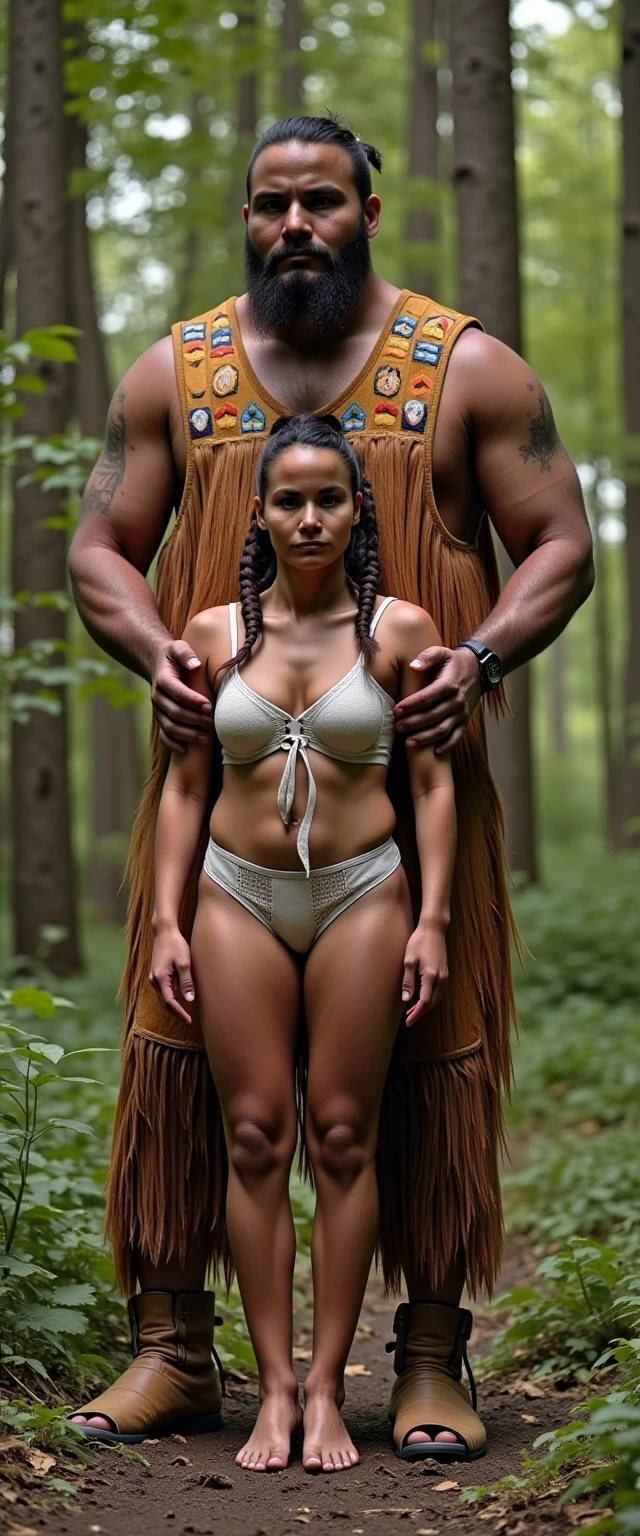 photo of woman CSTMDL, a medium shot photo of, a slim woman, her full body is in the scene, she has a slender petite build with petite small boobs and a flat chest, she has small dark skin nipples with long pointy nipple ducts and small dark skinned areolas, her hair is styled with two long braids she has eagle plumes in her hair, she is not wearing earrings, she is wearing a native American style vest in a golden yellow color over top of her underwear, her vest is open exposing her strapless bra, her bra is a strapless white lace bra, she is wearing white lace panties, she is wearing ankle height smoked hide moccasins, natural lighting, natural light, amateur photography, shot on an iPhone, she is standing with her legs spread wide apart in a densely wooded forest, she is maintaining intense eye contact with the camera, there is a giant native American fat man three times her height standing directly behind her holding onto gripping the woman's waistline, the man is holding her in front of him, the man is a real giant three times the height of an average male, public setting, Hyper realism, ultra-sharp focus, highly detailed, natural lighting, natural light, amateur photography,