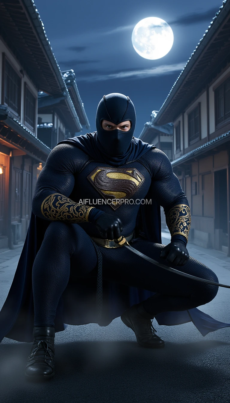 Superman in a ninja appearance, wearing a dark blue costume with intricate golden embroidery inspired by Japanese designs on the arms and chest, featuring his iconic 'S' emblem prominently displayed on the chest in gold. He wears a ninja mask covering most of his face, leaving only his sharp, focused eyes exposed. His cape is seamlessly integrated into the costume, designed for stealth. Superman is crouched low in a dynamic battle-ready stance, one knee bent deeply while the other leg stretches back for balance. One hand tightly grips a katana sword positioned diagonally, ready to strike, while the other forms a defensive clenched fist. The background features a traditional Japanese village at night with a glowing full moon and thin mist weaving through the scene, adding an air of mystery and intensity