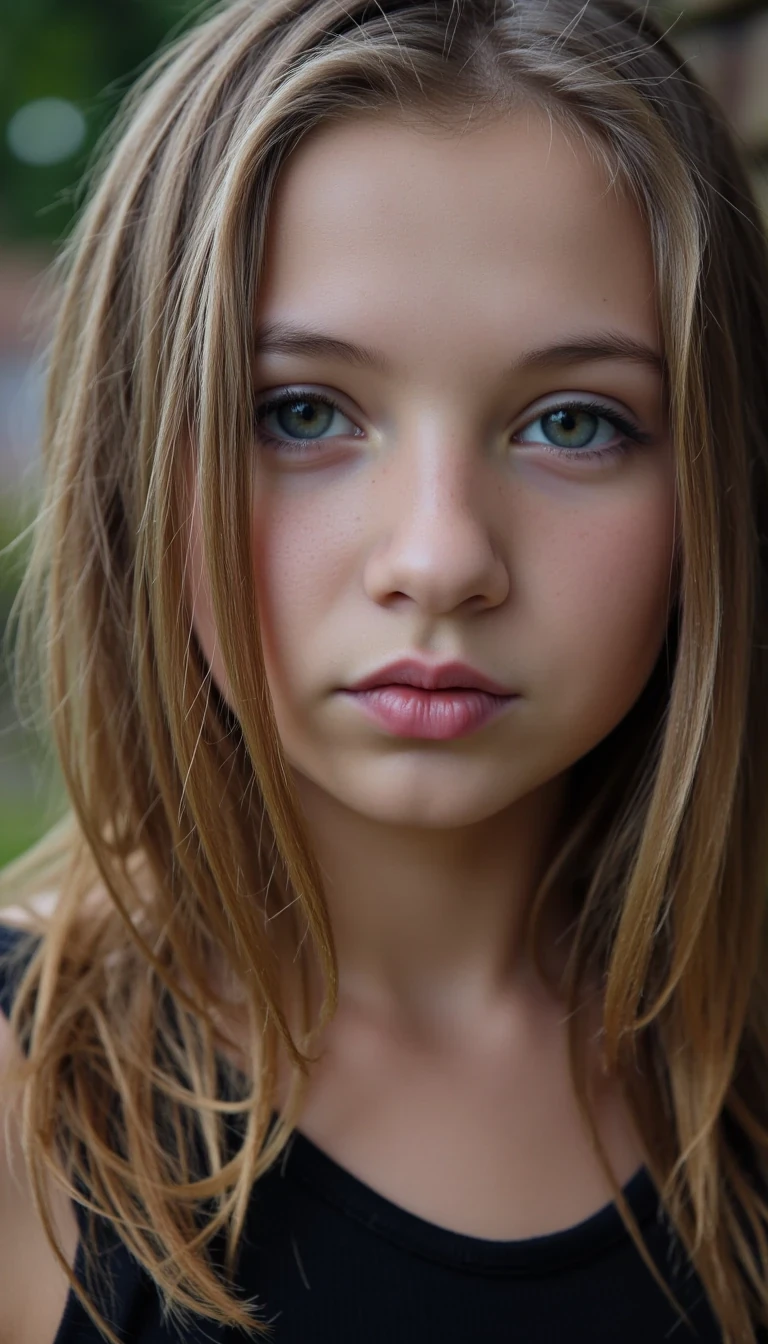 A pre teen petite emo model, cowboy emo aesthetic, close-up portrait in the rain. Hair: long blonde , dripping wet and clinging to her face. blue green eyes Expression: sultry and powerful, lips slightly parted, intense eye contact. Lighting: natural overcast storm light, raindrops on her skin, cinematic realism CSTMDL 