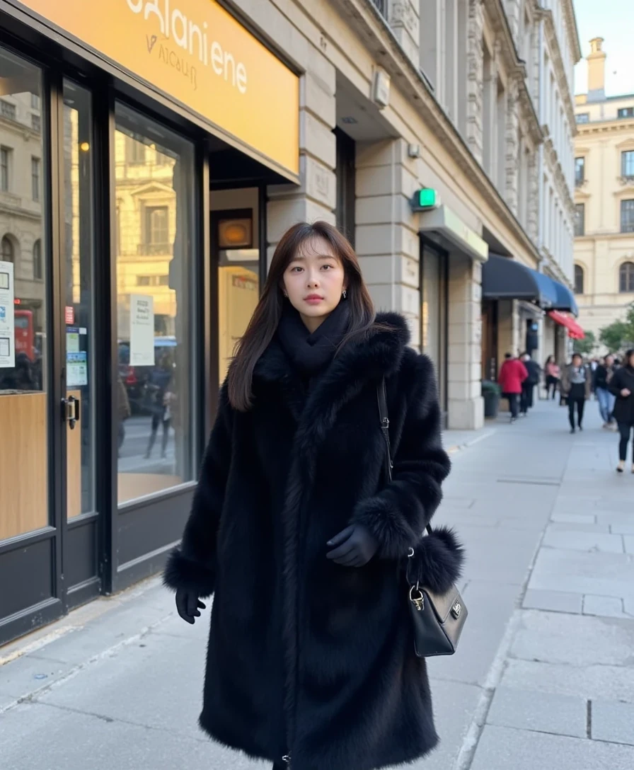 boring, medium shot on an iphone 16 pro. A young Korean woman walking down Avenue Montaigne in Paris, dressed warmly yet stylishly. cloudy weather, overcast cold weather. She wears a luxurious black coat, perhaps made of wool or cashmere, paired with a chic scarf and black gloves. Parisian architecture and the sunlight reflect the glamour of the scene. medium shot on an iphone 16 pro. cloudy weather, overcast cold weather.