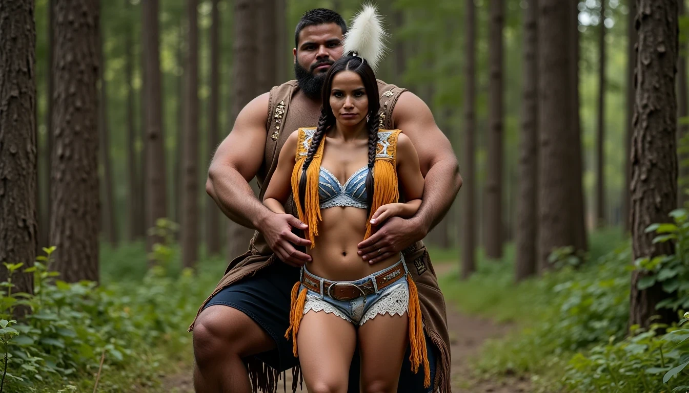 photo of woman CSTMDL, a medium shot photo of, a slim woman, her full body is in the scene, she has a slender petite build with petite small boobs and a flat chest, she has small dark skin nipples with long pointy nipple ducts and small dark skinned areolas, her hair is styled with two long braids she has eagle plumes in her hair, she is not wearing earrings, she is wearing daisy duke denim booty shorts, she is wearing a native American style vest in a golden yellow color over top of her underwear, her vest is open exposing her strapless bra, her bra is a strapless white lace bra, she is wearing white lace panties, she is wearing ankle height smoked hide moccasins, natural lighting, natural light, amateur photography, shot on an iPhone, she is standing with her legs spread wide apart in a densely wooded forest, she is maintaining intense eye contact with the camera, there is a giant native American fat man three times her height kneeling directly behind her holding onto gripping the woman's waistline, the man is holding her in front of him, the man is a real giant three times the height of an average male, public setting, Hyper realism, ultra-sharp focus, highly detailed, natural lighting, natural light, amateur photography,