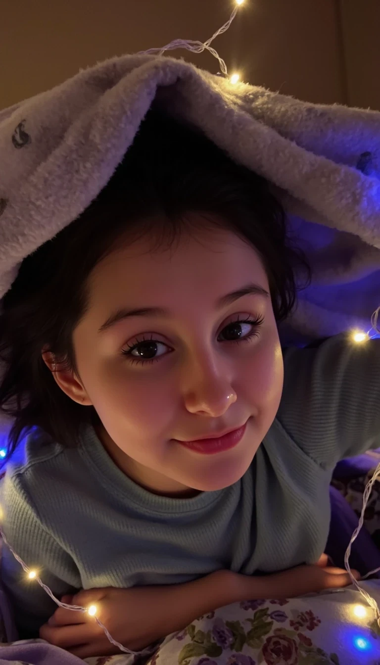 Late night iPhone selfie of a petite, toned 20-year-old girl with black hair, under a blanket fort in her dorm room, wearing only an oversized shirt, looking up at the camera with a cheeky grin and fairy lights glowing around her
