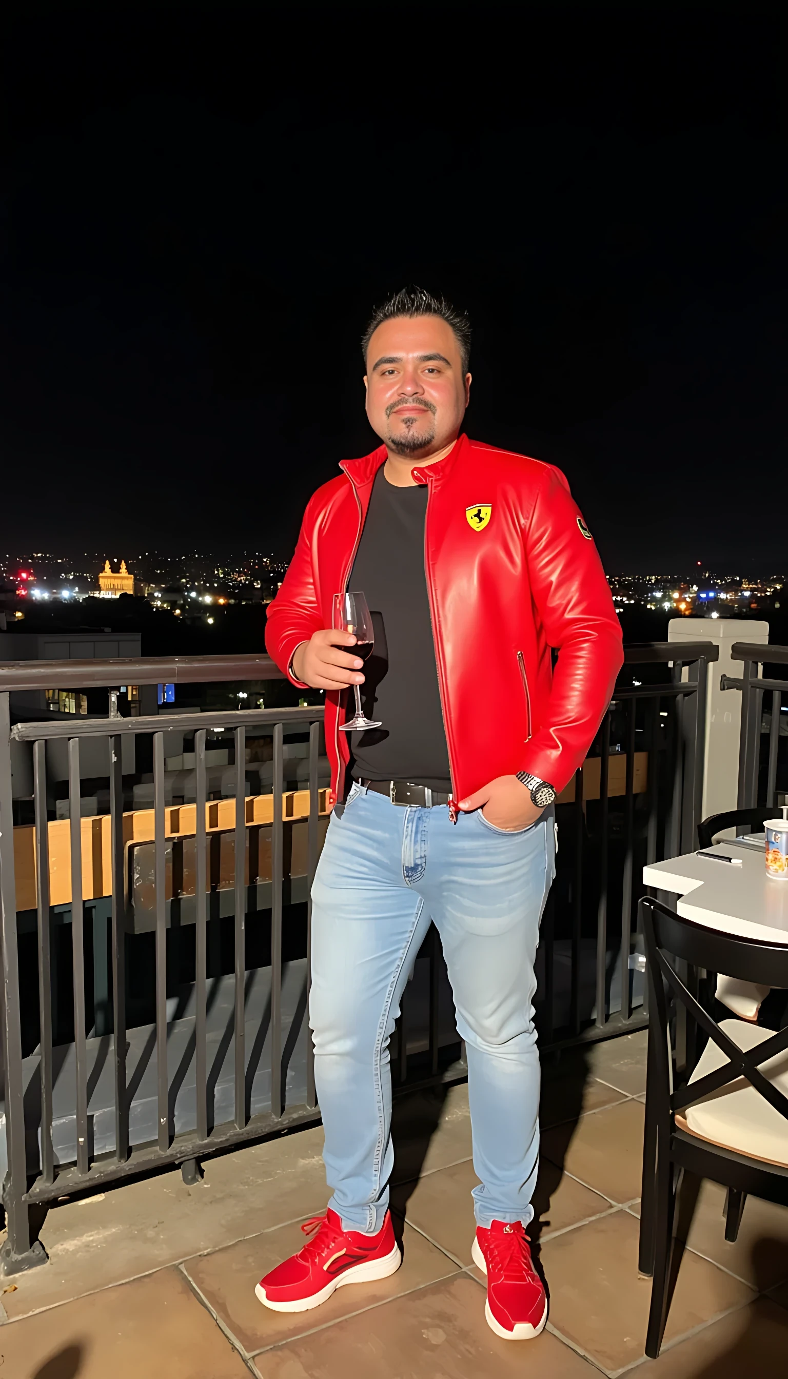  CSTMDL Man body wearing light blue jeans a red leather jacket with a Ferrari logo  red tenis shoes wearing a rolex watch standing on a nice restaurant  with a glass of wine on a rooftop city night lights  clear background 