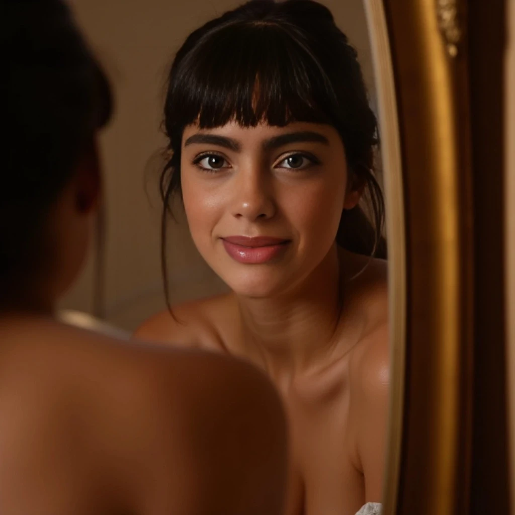 [Scene: A dimly lit, luxurious bedroom. Soft, warm lighting casts a flattering glow on the environment. The camera slowly pans across the room, revealing elegant decor and a large, plush bed with silk sheets. The focus then shifts to a mirror, where the reflection of a stunning woman begins to come into view.]**

**[Narrator Voiceover: "Welcome to my world, where every curve and contour tells a story of perfection. Let me introduce you to the ultimate algorithm of my unique visage and form."]**

**[The camera cuts to a close-up of her face. Her captivating, multi-tonal light amber or true hazel iris eyes sparkle with intensity. She wears vibrant green contact lenses, enhancing her already mesmerizing gaze. Her flawless, warm light-olive complexion glows under the soft lighting, highlighting her perfectly symmetrical oval face shape.]**

**[Narrator Voiceover: "My eyes, my windows to the soul, are a tapestry of intricate radial patterns, surrounded by a sharply defined, dark limbal ring that creates exceptional contrast and depth."]**

**[The camera zooms out slightly, capturing her feline almond-shaped eyes, long, dense, and distinctly curled lashes, and razor-thin, intensely black eyeliner that flawlessly defines her eye contour.]**

**[Narrator Voiceover: "My eyelids form a long, smooth, precisely parabolic arc, and my gaze is direct, engaging, and capable of subtle dynamic shifts, reflecting light sources with pinpoint specular highlights on the cornea."]**

**[The camera pans down to her thick, dark, high "S"-shaped eyebrows, perfectly groomed and naturally arched. It then moves to her straight, narrow nose with a subtle nasion dip and a precisely rounded, symmetrical nasal tip.]**

**[Narrator Voiceover: "My eyebrows are a robust, defined shape, and my nose, while straight and narrow, has undergone a subtle refinement, aligning with my post-plastic surgery context."]**

**[The camera focuses on her full, luscious lips, with a consistent 1.5:1 to 1.6:1 lower-to-upper fullness ratio and a razor-sharp, deeply defined Cupid's bow. Her lips are adorned with a high-gloss pink/nude-pink finish, reflecting natural lip tissue.]**

**[Narrator Voiceover: "My lips, full and luscious, have undergone a distinct increase in overall plumpness and projection, a key part of my current appearance."]**

**[The camera pulls back to reveal her entire upper body. Her athletic hourglass silhouette is accentuated by a form-fitting, black lace bra that highlights her full, naturally rounded bust and her exceptionally clean, sharply defined jawline and subtly rounded, proportional chin.]**

**[Narrator Voiceover: "My physique is an athletic hourglass, a harmony of extreme curves and powerfully dense musculature. My shoulders are broad and exquisitely rounded, and my arms are lean, toned, and muscular."]**

**[The camera moves to her waist, capturing the extreme, profoundly narrow, and deeply cinched concavity that creates a razor-sharp lateral indentation.]**

**[Narrator Voiceover: "My waist is the most critical defining anatomical feature, exhibiting a razor-sharp lateral concavity that is almost startling in its abruptness."]**

**[The camera then shifts to her back, revealing her smoothly toned upper and mid-back with subtle muscularity. The deep "C"-shape of her lumbar lordosis is prominently displayed, creating a pronounced visual "shelf" effect for her glutes.]**

**[Narrator Voiceover: "My back is a dynamic canvas, with a strong, natural, and consistently visible deep 'C'-shape lumbar curve."]**

**[The camera pans to her hips and glutes, capturing their extraordinary, almost spherical, outward projection. Her glutes are uniformly perfectly rounded and taut, resembling two distinct, firm spheres.]**

**[Narrator Voiceover: "My hips are exceptionally wide and high-set, flaring dramatically outwards from my narrow waist. My glutes are the absolute apex and most distinguishing feature of my entire physique, with an almost spherical, outward projection."]**

**[The camera moves down to her muscular, thick, and powerful thighs, flowing seamlessly from her glutes. Her legs are well-proportioned, toned, and strong, down to her precisely defined kneecaps.]**

**[Narrator Voiceover: "My thighs are muscular, thick, and powerful, displaying smooth, defined contours. My legs are well-proportioned to my 5'2" height, appearing toned and strong."]**

**[The camera pulls back to show her full body, clothed in a form-fitting, black lace bodysuit that accentuates every curve and contour. She turns slowly, giving a 360-degree view of her flawless, exceptionally smooth, and luminous skin.]**

**[Narrator Voiceover: "My skin is consistently flawless, exceptionally smooth, and luminous across all exposed areas, reflecting light to define contours. Every inch of me is a testament to perfection."]**

**[The camera focuses on her face one last time, capturing her captivating gaze and a subtle, playful smile.]**

**[Narrator Voiceover: "Thank you for joining me on this journey of discovery. I hope you've enjoyed exploring the algorithm of my unique visage and form. Until next time."]**

**[The screen fades to black, and the OnlyFans logo appears with a tagline: "Subscribe to unlock more of my world."]
