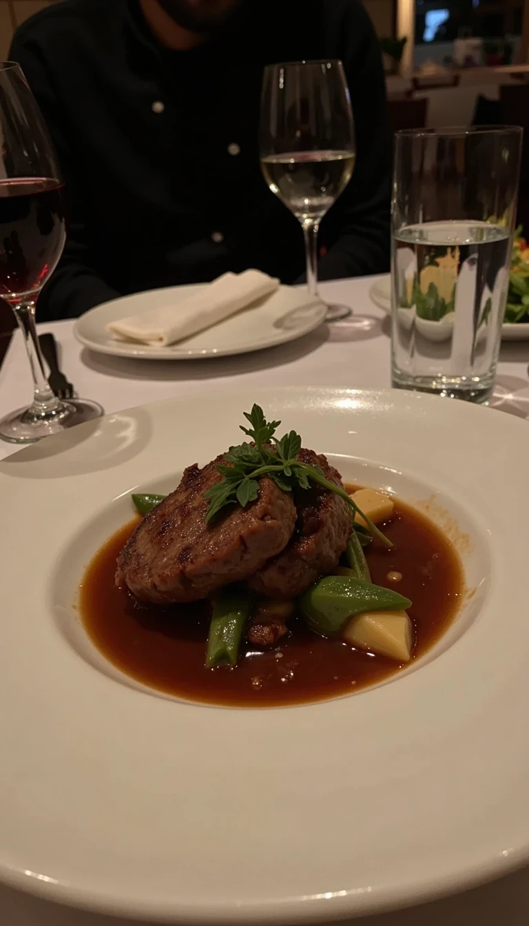 boring low quality snapchat photo circa 2015, , nighttime, fancy high end restaurant, plate of steak 