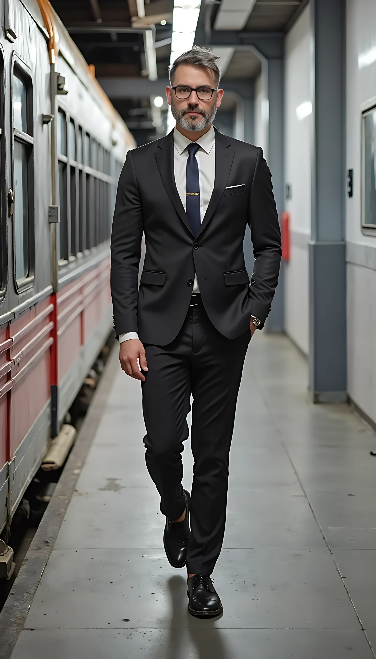 Full body image. make him like a clon of the original train model with pictures. Businessman with modern and expensive fashion outfit. He is wearing a suit and modern Ray-Ban reading glasses. Slim but muscular build. He is facing the camera directly, as if posing for a LinkedIn profile picture. He looks like a CEO of a huge corporation. His forehead is not that large.