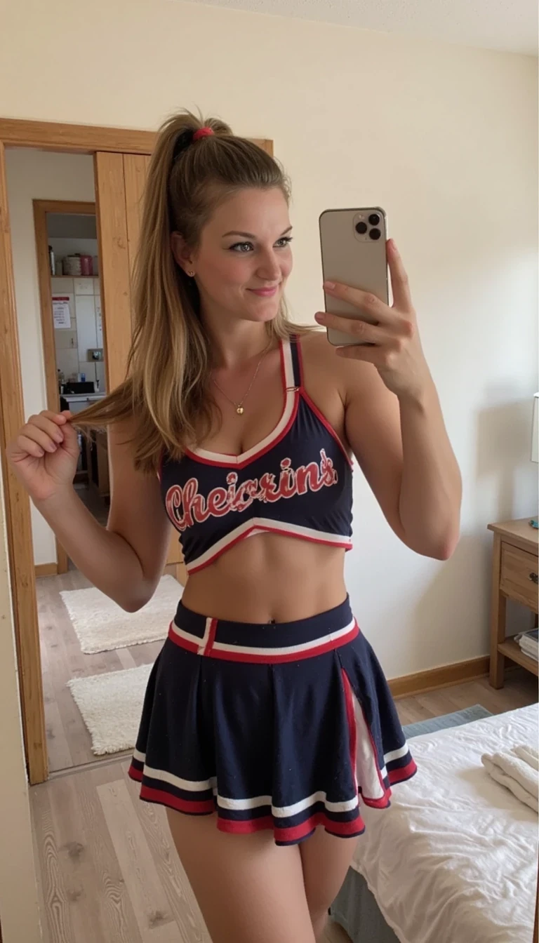 Woman wearing a cheerleading uniform at home in her bedroom taking a selfie