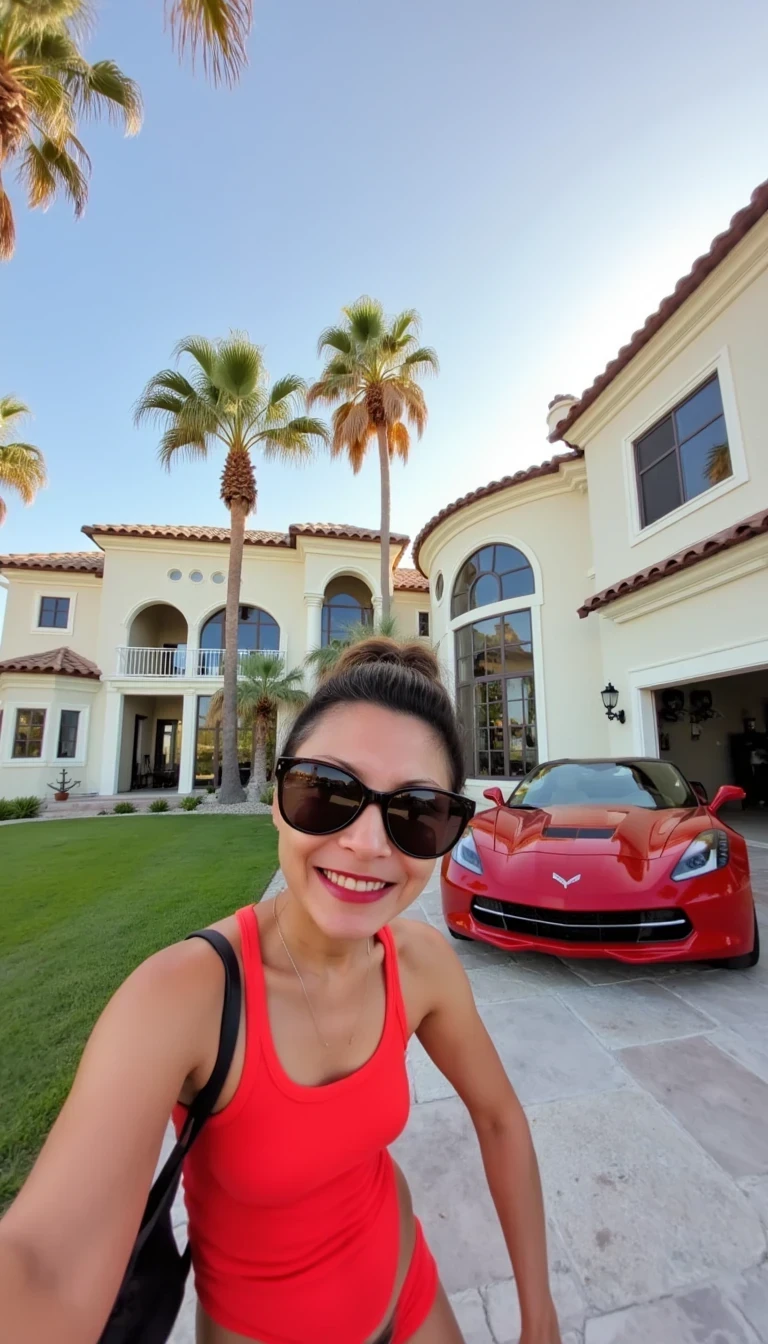 photo of woman CSTMDL, Vlogger screenshot from 2020, in front of a luxury villa. The young vlogger stands in front of a sprawling white villa, mid-sentence, holding a handheld camera. Palm trees sway gently in the background, and the large windows of the villa reflect the golden hour sunlight. The image quality is mediocre, with a slightly grainy resolution. The vlogger wears oversized sunglasses, and a neon-colored outfit, while an expensive sports car sits parked in the driveway behind her. The photo feels staged but casual, capturing a typical influencer moment.