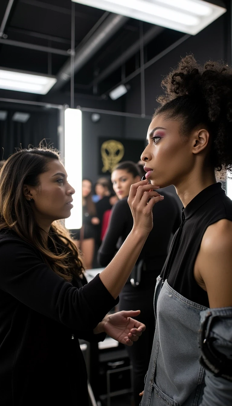Backstage Energy
Shot on Leica Q3, 28mm f/1.7, ISO 3200, 1/250 sec. Behind-scenes documentary style. Model getting final touches in Balenciaga avant-garde piece. Natural skin texture visible under makeup station lights. Mixed lighting: fluorescent overheads + makeup mirrors creating dimensional light on face. Busy atmosphere: stylists, makeup artists in motion blur. Authentic moment capturing pre-show intensity.
 CSTMDL