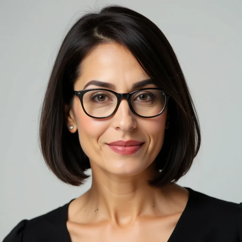 a confident and mature woman around 40 years old with elegant, well-defined facial features, sharp cheekbones, almond-shaped hazel eyes with a calm dominant gaze, naturally full lips with red lipstick, light wrinkles around the eyes and mouth showing graceful aging, smooth olive-toned skin with a soft glow, straight dark brown bob haircut with a side part, subtle eyeliner, wearing thin-rimmed glasses, photorealistic, soft studio lighting, dominant and feminine expression
