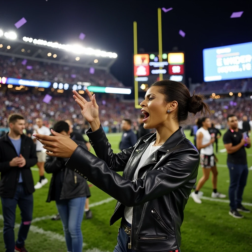 Victory Celebration
Shot on Leica Q3, 28mm f/1.7, ISO 4000, 1/200 sec. Model reacting to game-winning shot, genuine emotion. Designer game-day outfit: Alexander Wang leather, Cartier accessories. Stadium confetti falling, crowd excitement. Multiple light sources creating dynamic atmosphere. Background: Scoreboard, celebrating team, VIP guests.
 CSTMDL