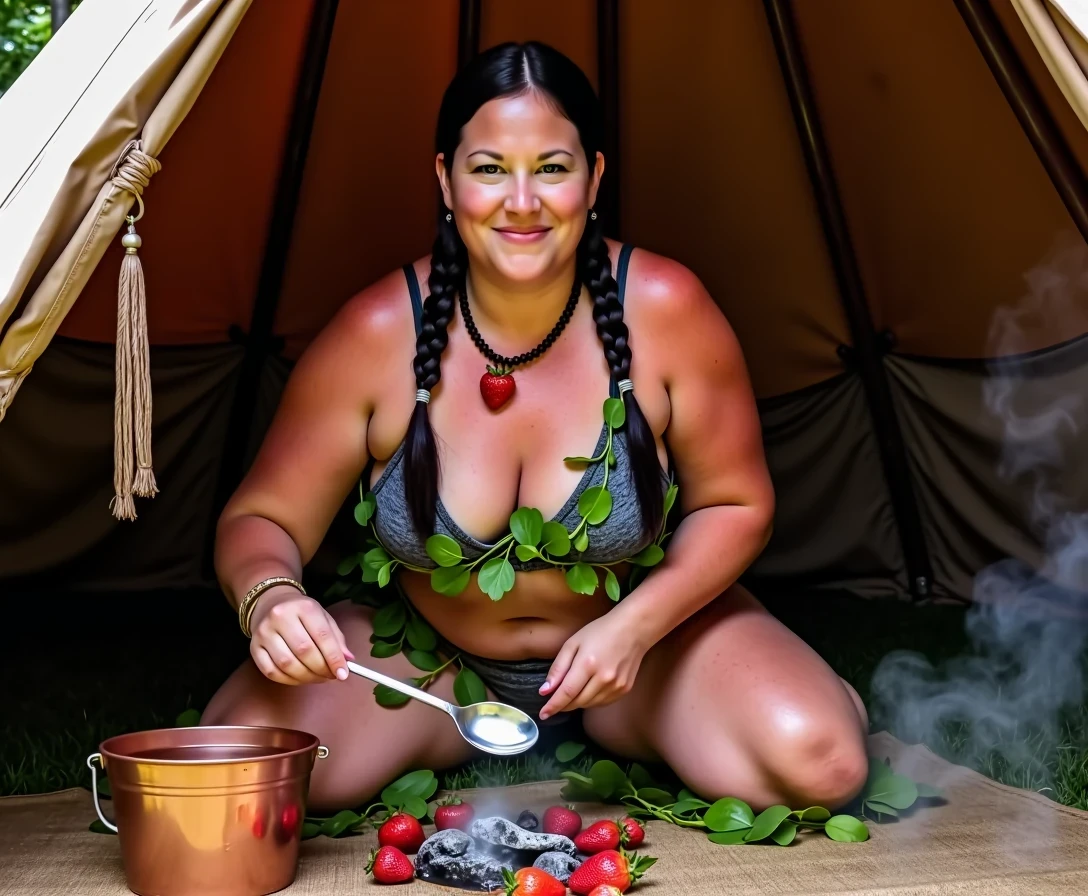 Amateur photography a medium shot photo of CSTMDL ... a 35-year-old milf. The woman who is Native American has white skin tone, she is short with a chubby build, huge natural boobs, her nipples are big and dark pink skinned. Her areolas peek out of her bra. She is wearing her hair in a native American style with 2 long braids. She is wearing real strawberry earrings. She is wearing a wide leather choker with a strawberry hanging from it. the woman is wearing many vines in a dark green palette, the vines drape across and surround her entire chest body both of her breasts arms and neck, a large amount of vines that visiblly hide her nipples, there are strawberries hanging from the vines that surround her body in various places. She is kneeling on the ground inside a primitive wigmam. There is a copper pail of water next to a small fire that are both beside the woman. The fire is not on top of the blanket. She is pouring a large spoon of water onto hot rocks that are inside the small fire. There is steam coming out from the water as it touches the hot rocks. There is steam filling the scene. She is maintaining intense eye contact with the camera slightly smiling. The composition captures a casual, candid moment, romantic setting, Hyper realism, ultra-sharp focus, depth of field, perfect meshes and textures, highly detailed, highly accurate reflections, natural lighting, shot on an iPhone, 