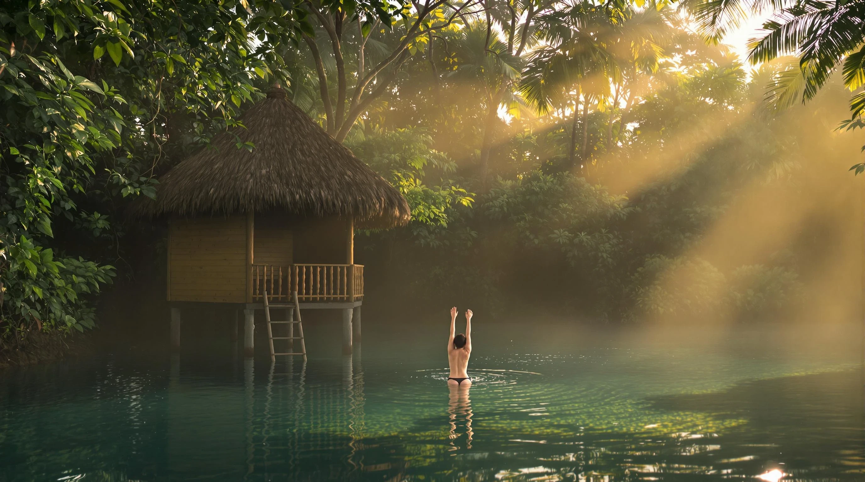 "A serene tropical jungle scene at golden hour with soft ambient lighting. A small wooden hut with a thatched roof stands peacefully by a clear natural pond. In the foreground, a young person is mid-dive into the water, captured in a gentle, elegant motion. The environment is lush and green, with palm trees, vines, and soft mist in the background. The lighting is dreamy and cinematic, with golden highlights on the leaves and subtle reflections on the water surface. Ultra-realistic, 4K, atmospheric, emotional."
