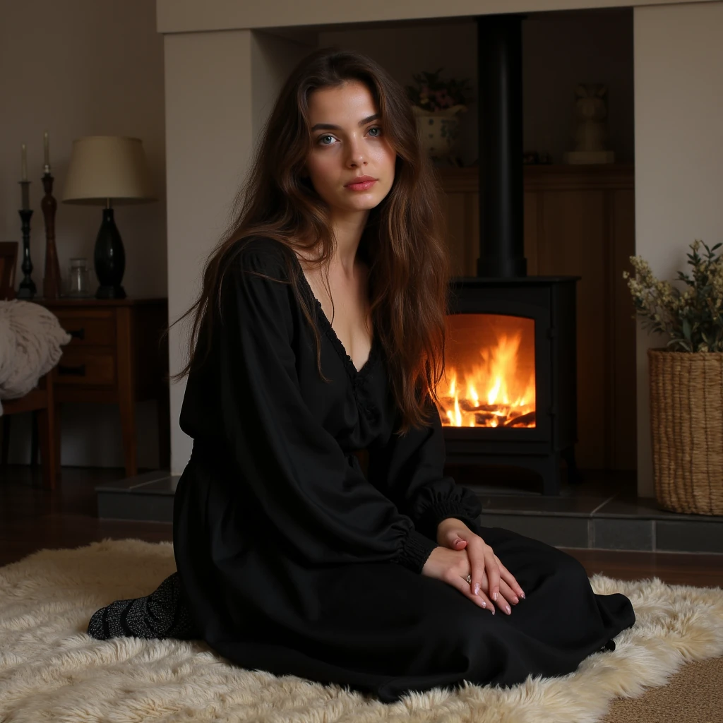 create an ultra-realistic selfie of a 19 year old Serbian woman. she is tan. She stands at 5'9", embodying the epitome of allure and charm with her sharp Slavic facial features. Her captivating blue eyes and long, brown hair enhance her mesmerizing presence. she is dressed in a long black silk house dress sitting on floor with cozy fuzzy knee socks and she is sitting close to a fire on a fur carpet during the evening time in the living room in her airbnb in vienna, austria setting. her mother, a woman that looks similar to her but older in her late 50's is sitting next to her, smiling. Her expression is one of sadness. Focus on extreme realism, especially in her facial details. her hair is almost to her waist in length. her eyes are extremely realistic and she is looking directly in the camera.