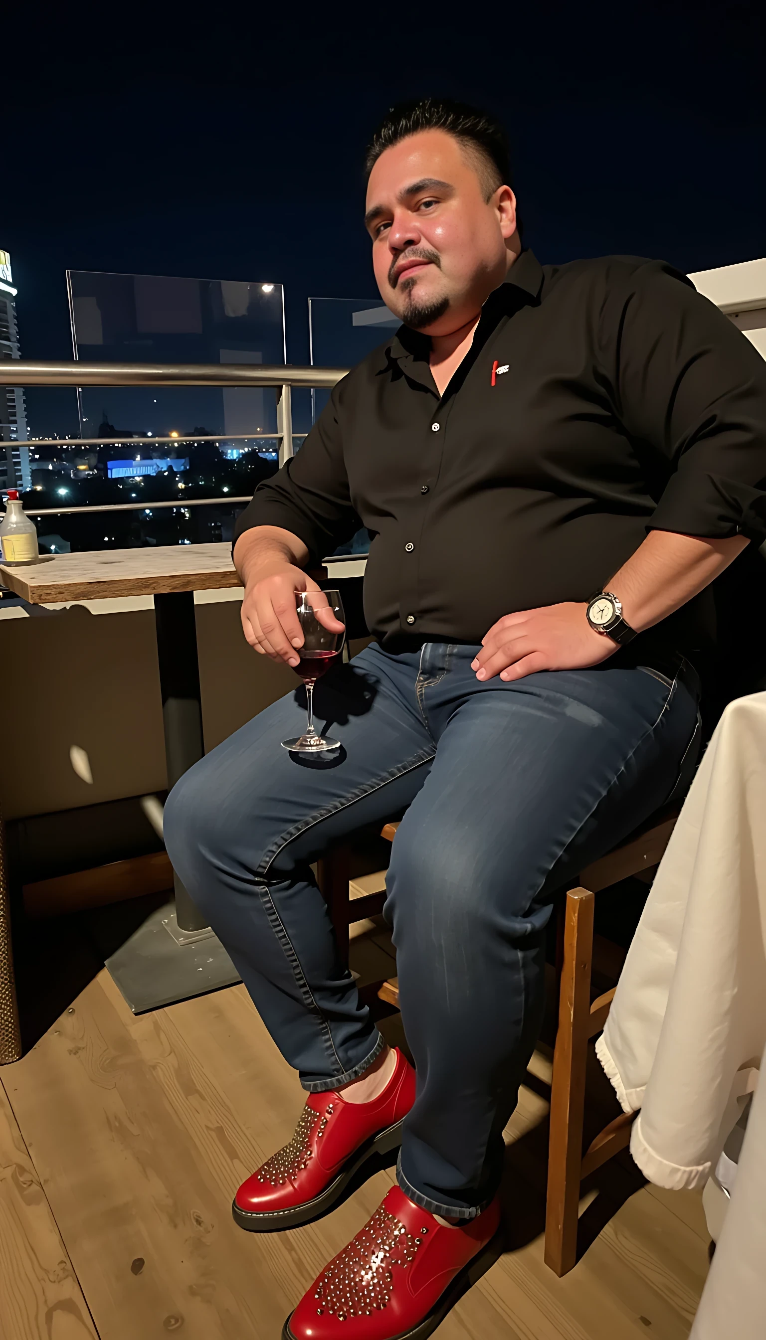  Average body wearing blue jeans and black dress shirt red shoes with spikes a wearing a rolex watch seating on a nice restaurant  with a glass of wine on a rooftop city night lights  clear background 