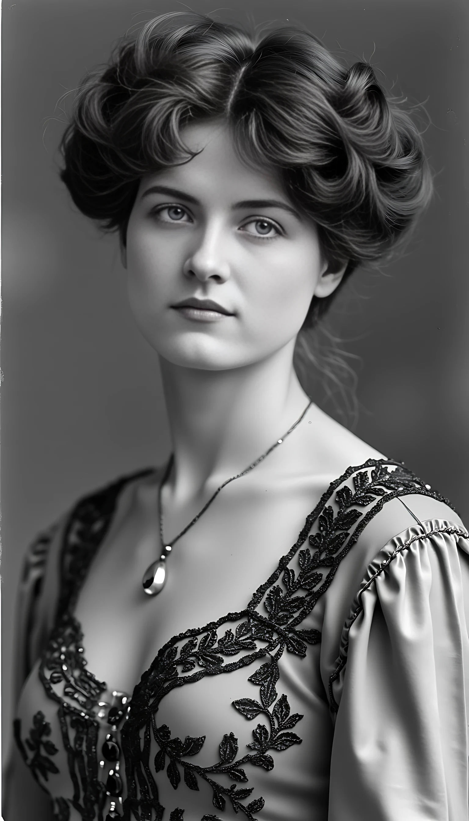 Black and white old worn photography of woman CSTMDL, brunette, ice blue eyes, cold smile. Thin and athletic body, with a flat stomach but plain and sexy feminine curves. 1900 gala robe, small pendant and jewellery, 1900 classy haircut