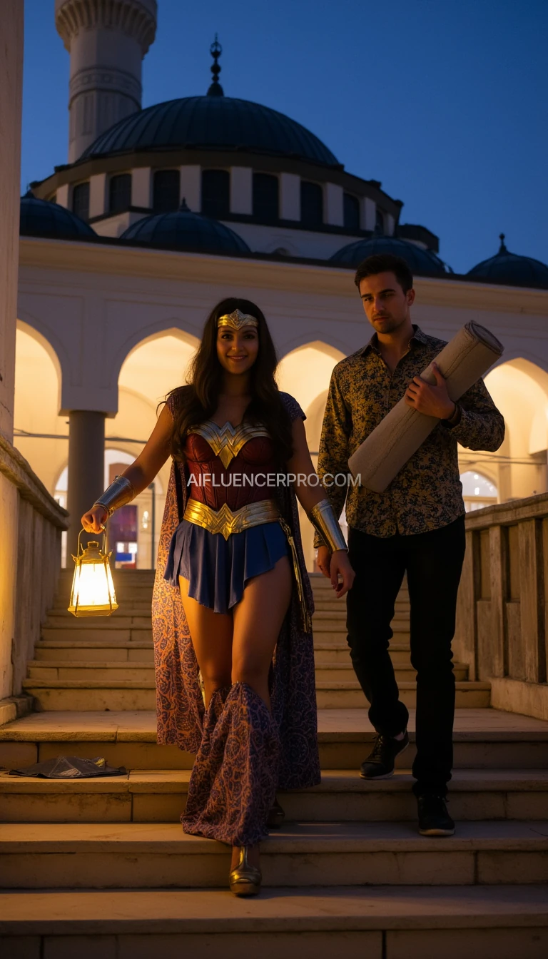 Photorealistic Wonder Woman walking down the stairs of the mosque, wearing a modest version of her iconic suit combined with a batik sarong, a pashmina, and a hijab. Her outfit fully covers her body while retaining the iconic elements of her suit. He smiled warmly, holding the lantern in his hand. Beside her, her handsome boyfriend was carrying a prayer mat. He wore a batik shirt and black trousers, his expression calm and attentive. The setting is a mosque, in the evening, the sky is dark blue.