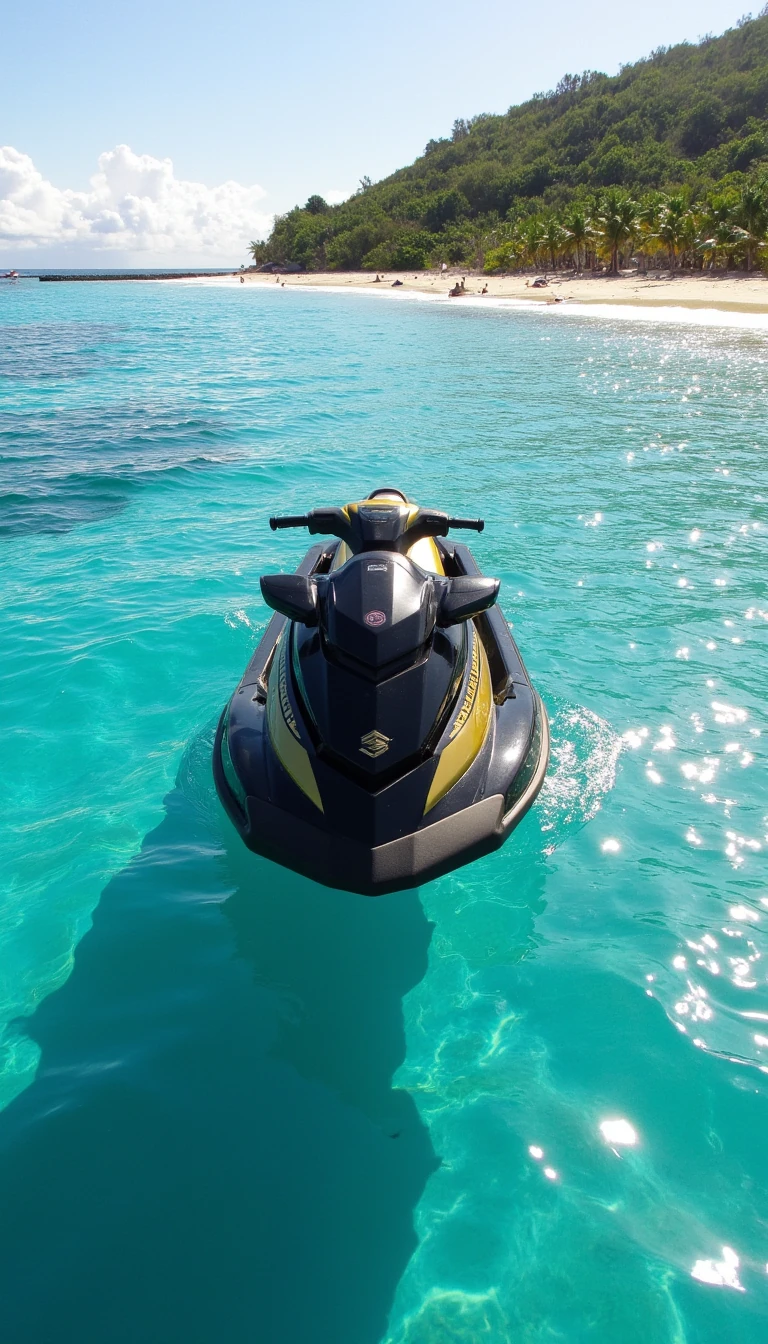 boring low quality around 2015 photo snapchat type,   a black and gold luxury jetski floating on crystal clear turquoise water, sunlight sparkling on the waves, tropical island in the background, cinematic composition, 8k detail
