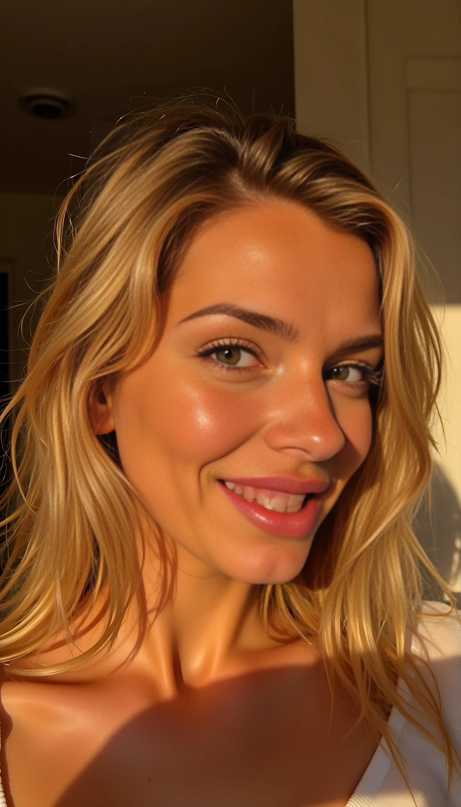 CSTMDL Playful close-up of a woman biting her lip, tousled hair across her face, glowing golden light, teasing smile, Flux aesthetic, low grain, soft focus cinematic mood.

