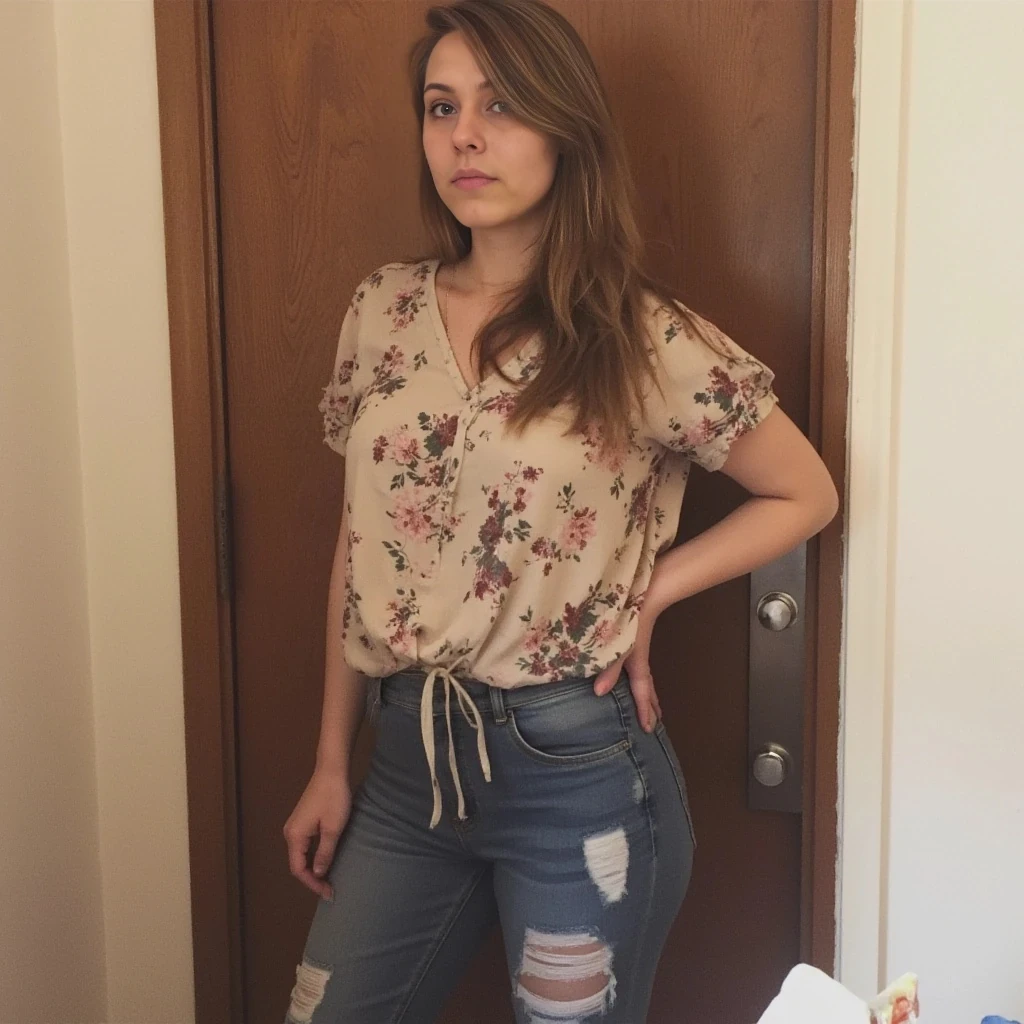 boring low quality snapchat photo circa 2015, cute woman, soft light brown hair, full outfit
