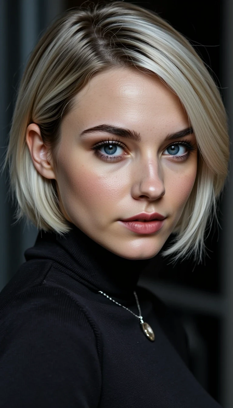 CSTMDL, ultra-realistic portrait of a young woman with short, layered two-tone blonde and silver hair, parted on the right-hand side, styled with sharp edges for a rebellious touch. Her blue eyes are electrifying, framed by dark smoky eyeshadow, heavy eyeliner, and bold lashes. Her flawless skin glows under dramatic lighting, enhanced with sculpted contouring and highlights. Her lips shine with dark glossy black or deep crimson gloss, creating a gothic, dangerous edge. Her expression is fierce and almost sinister, exuding irresistible dark glamour. Styled in a sleek modern outfit with jewelry and a moody, cinematic background, she radiates the aura of a powerful villainess.