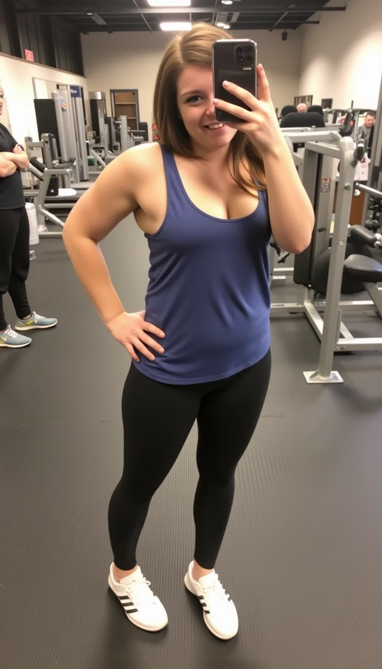 boring low quality snapchat photo circa 2015, a fit woman CSTMDL model as fitness influencer wearing gym outfit in the bodybuilding gym