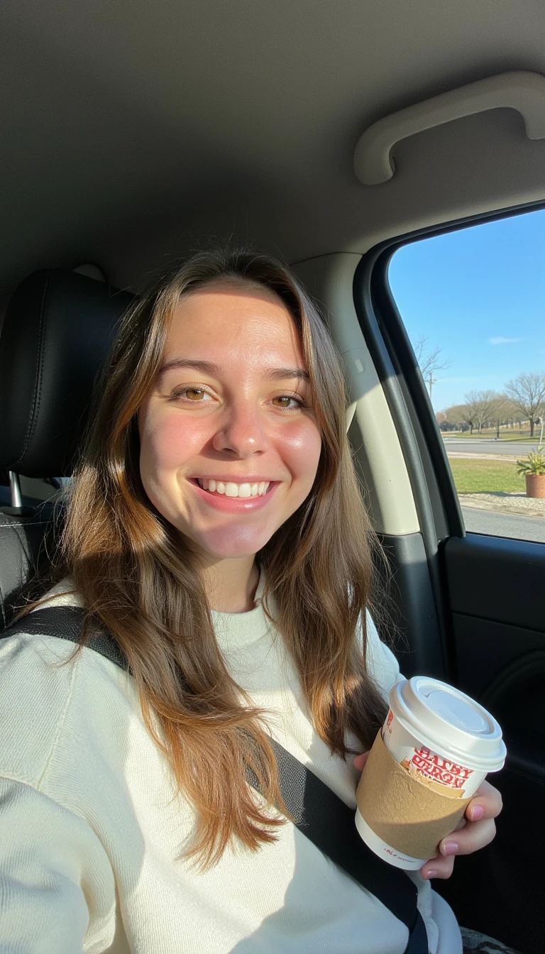 boring low quality snapchat photo circa 2015, A young woman with a warm smile, sitting in the driver's seat of a cozy car. She has soft, wavy brown hair cascading past her shoulders. The sunlight streams through the window, casting a gentle glow on her face. The interior of the car is neat and comfortable, with a coffee cup in the cup holder and a small plant on the dashboard. The background outside the window shows a scenic road lined with trees and blue skies