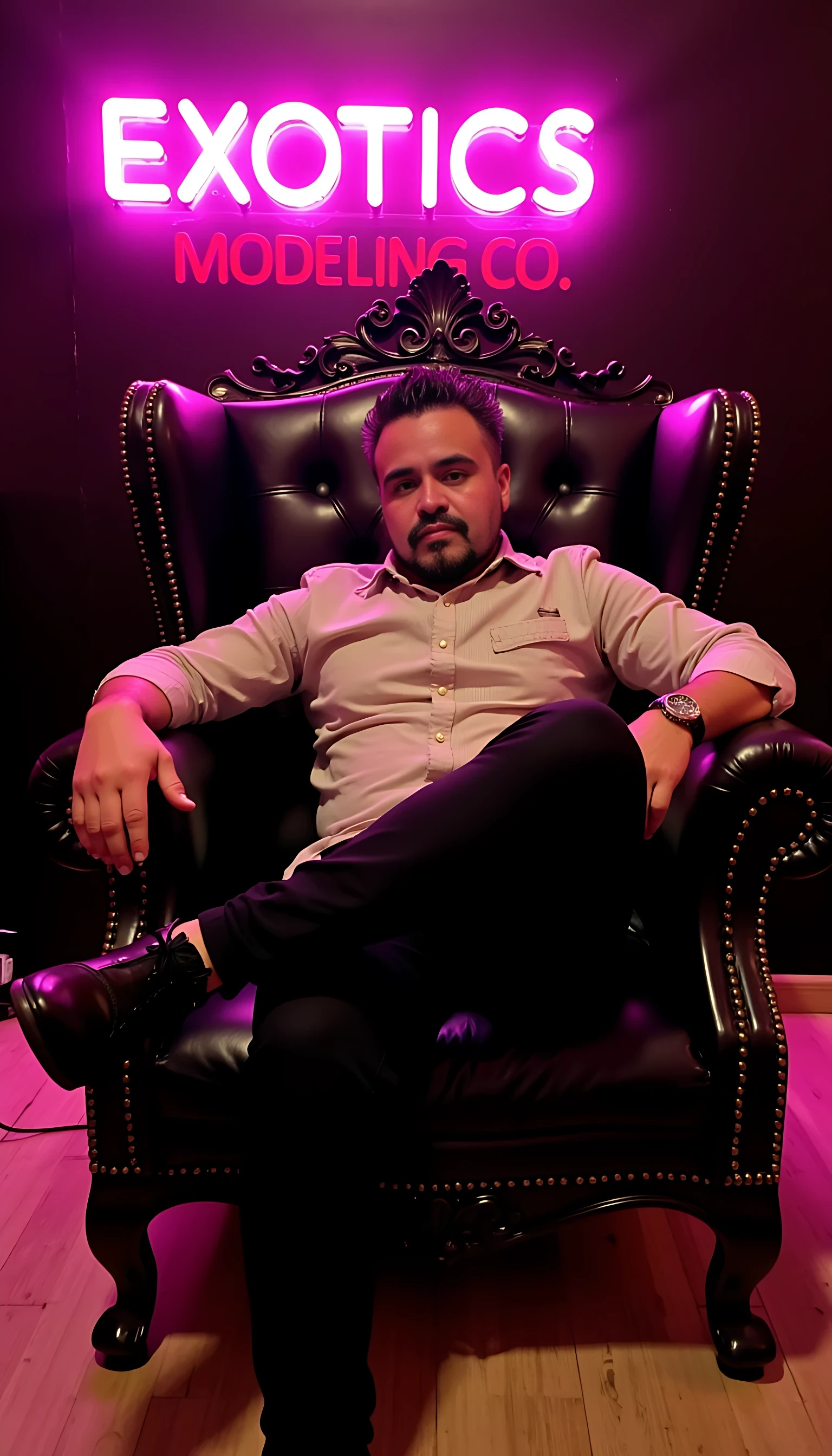 Man average body wearing a Burberry dress shirt and a Rolex watch  and black jeans and  Burberry shoes shoes seating leg crossed on a king’s chair with a neon sign saying EXOTICS MODELING CO. on the background 