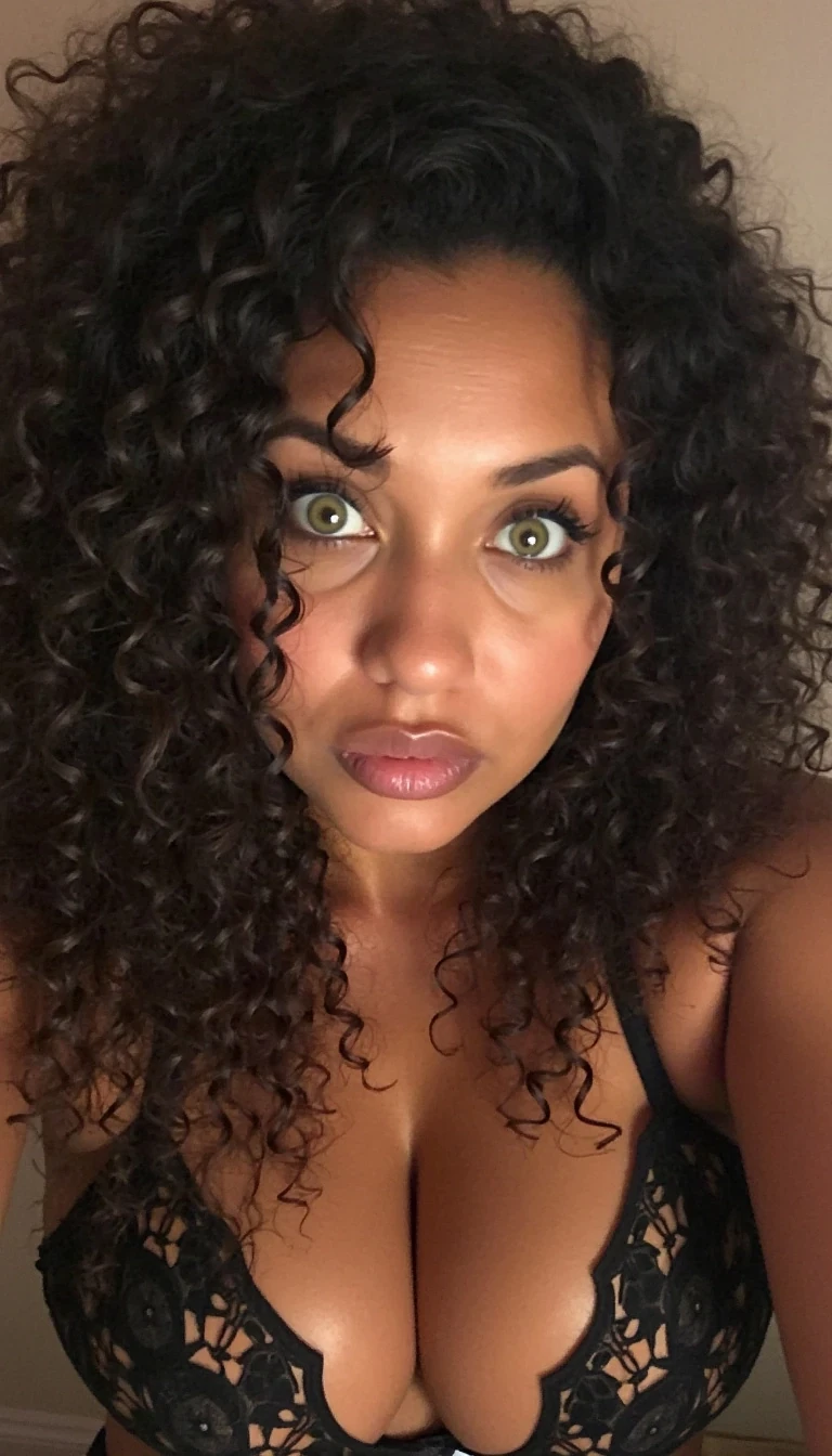 boring low quality snapchat photo circa 2015, in black lingerie big size curvy body brown curly hair green eyes light brown skin 


 
