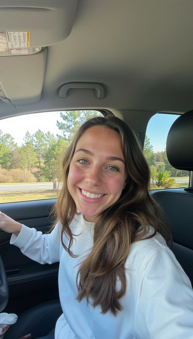 boring low quality snapchat photo circa 2015, A young woman with a warm smile, sitting in the driver's seat of a cozy car. She has soft, wavy brown hair cascading past her shoulders. The sunlight streams through the window, casting a gentle glow on her face. The interior of the car is neat and comfortable, with a coffee cup in the cup holder and a small plant on the dashboard. The background outside the window shows a scenic road lined with trees and blue skies