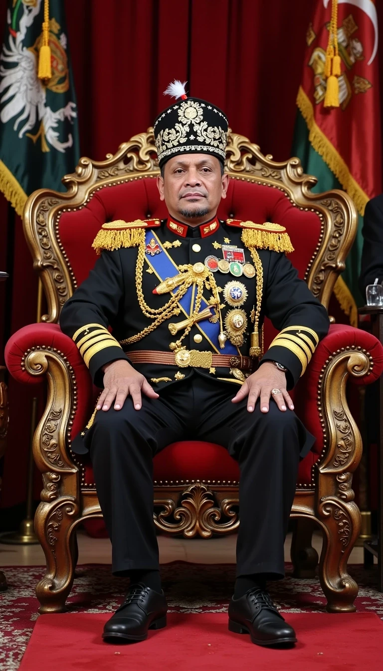 Sultan dressed in Royal Army Uniform sitting on his throne  