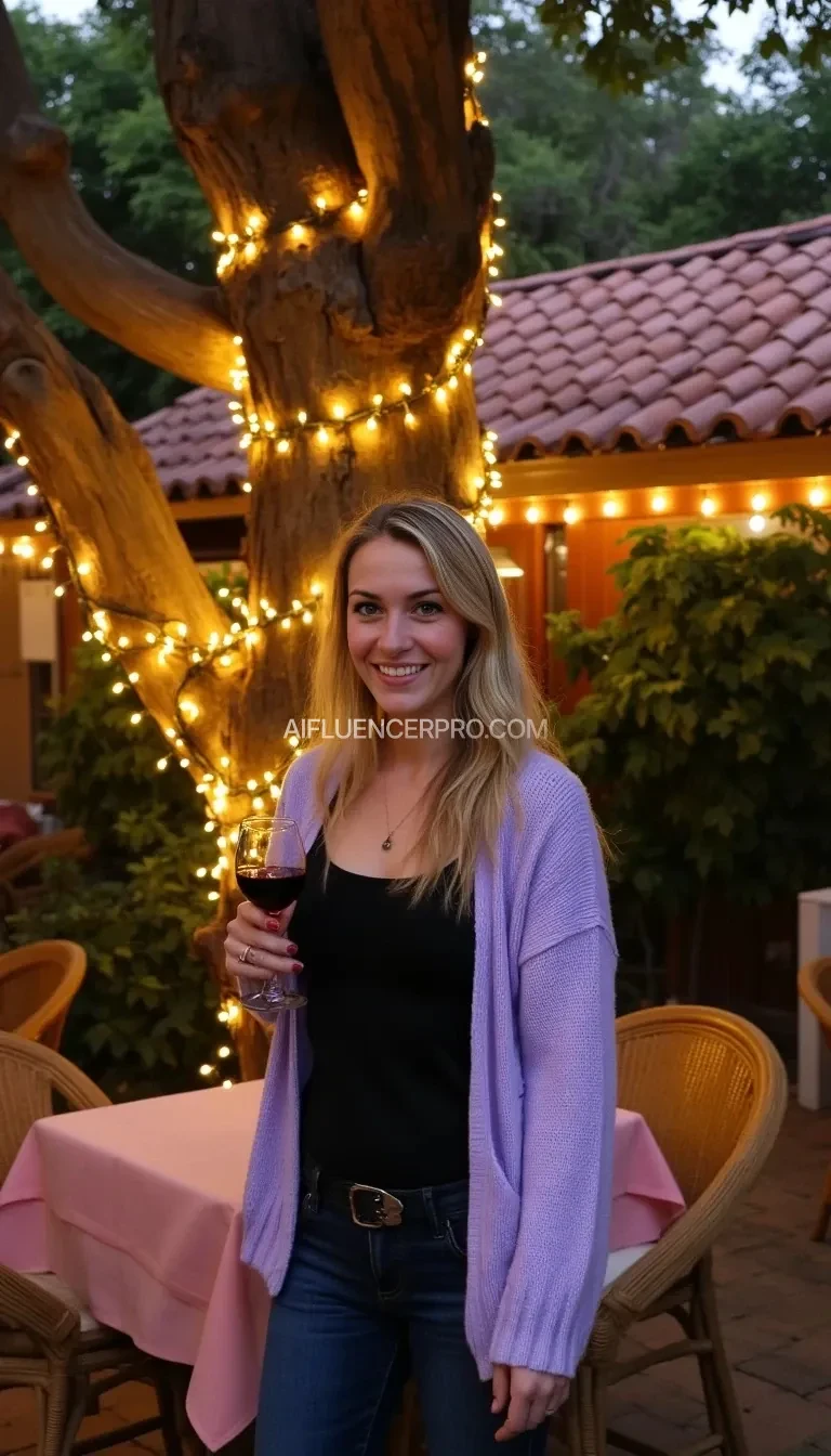 A full body shot photo of a woman standing outdoors at a cozy, warmly lit patio in the evening, with soft, glowing lights wrapped around a tree behind them creating a charming atmosphere. The image is rich in detail, with warm tones and clear textures throughout. The woman has fair skin, a slim build, and long blonde hair, also worn loose. She is smiling warmly at the camera, holding a glass of red wine in her right hand, and wears a soft-textured lavender cardigan over a black top. The background features a large tree with sparkling string lights wrapped around its trunk and branches, adding a magical touch to the scene. The setting suggests a private outdoor seating area, with elements like terracotta-tiled roofing, greenery, and rattan chairs contributing to a serene, inviting vibe. The overall composition is balanced, with the woman framed against the softly glowing tree, and the lighting enhances the warm, intimate feel of a quiet evening shared among friends. The details are vivid, with textures of clothing, skin, and background elements clearly visible, while the warm lighting creates a relaxed and joyful mood
