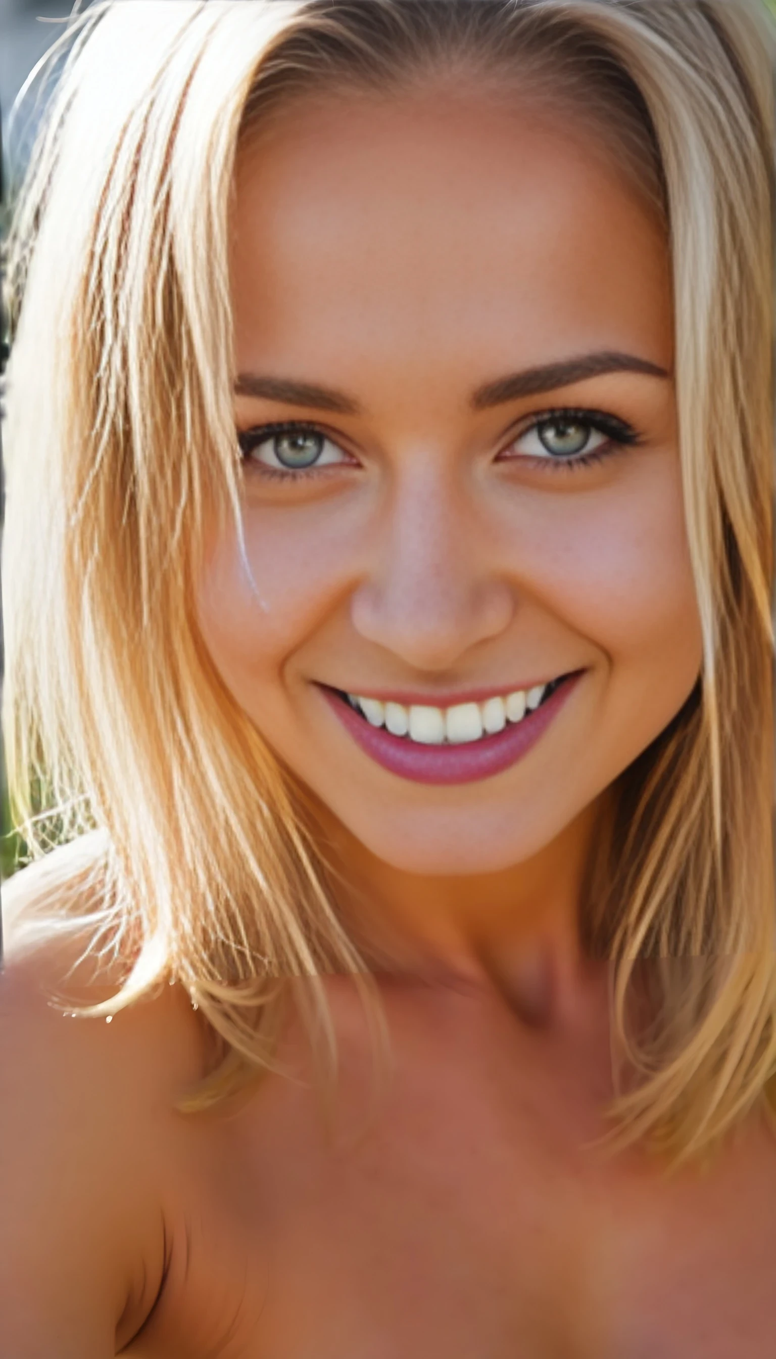 A close-up selfie of a blonde woman with sun-kissed skin and light green eyes laughing joyfully. Her platinum hair falls freely over her face, slightly tousled by the wind. She looks directly at the camera with a bright, radiant smile. Sunlight illuminates her face and shoulders, capturing her dimples and genuine happiness in golden tones.