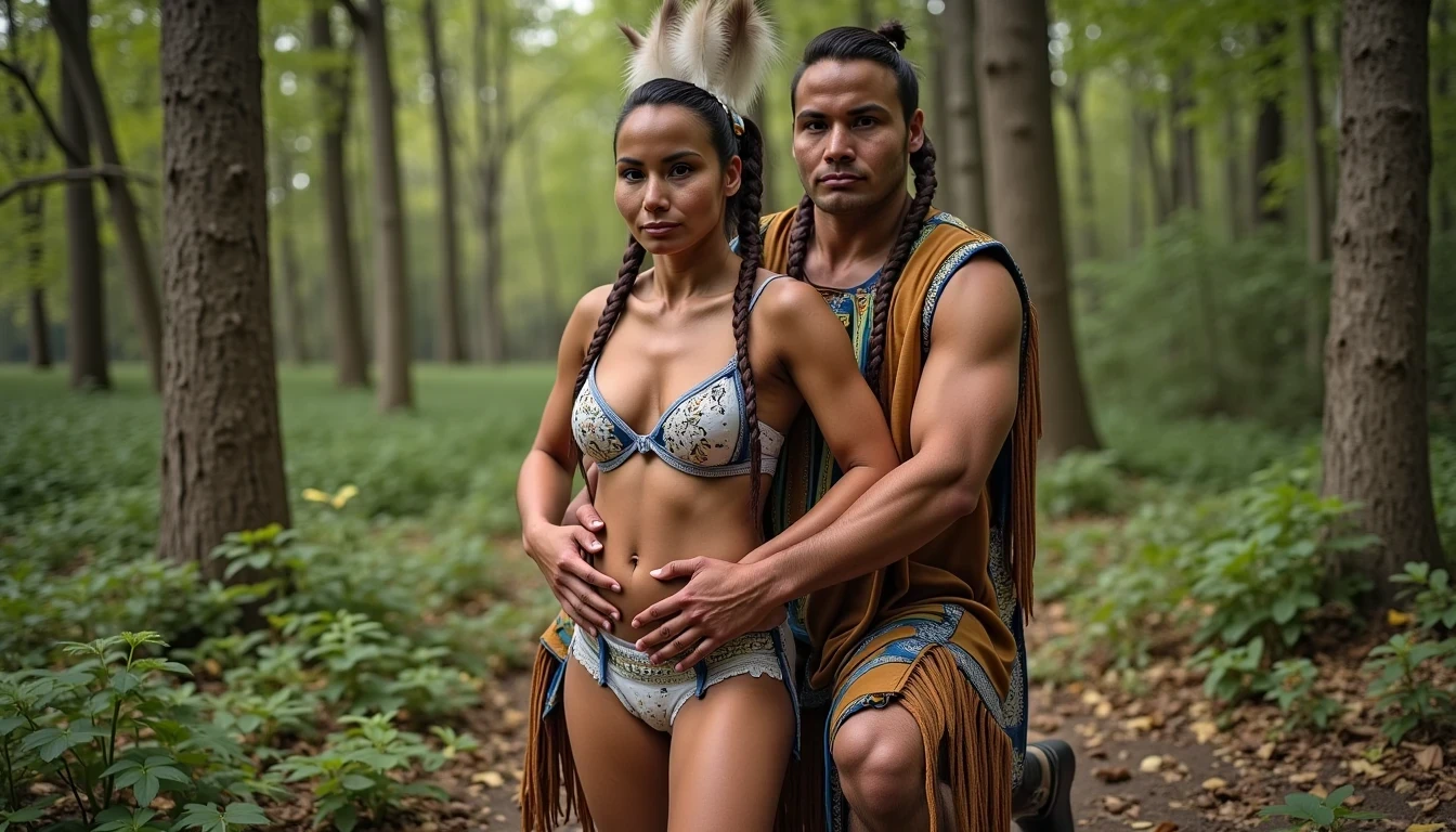 photo of woman CSTMDL, a medium shot photo of, a slim woman, her full body is in the scene, she has a slender petite build with petite small boobs and a flat chest, she has small dark skin nipples with long pointy nipple ducts and small dark skinned areolas, her hair is styled with two long braids she has eagle plumes in her hair, she is not wearing earrings, she is wearing daisy duke denim booty shorts, she is wearing a native American style vest in a golden yellow color over top of her underwear, her vest is open exposing her strapless bra, her bra is a strapless white lace bra, she is wearing white lace panties, she is wearing ankle height smoked hide moccasins, natural lighting, natural light, amateur photography, shot on an iPhone, she is standing with her legs spread wide apart in a densely wooded forest, she is maintaining intense eye contact with the camera, there is a giant native American fat man twice her height kneeling directly behind her holding onto gripping the woman's waistline, the man is holding her in front of him, the man is a real giant twice the height of an average male, public setting, Hyper realism, ultra-sharp focus, highly detailed, natural lighting, natural light, amateur photography,