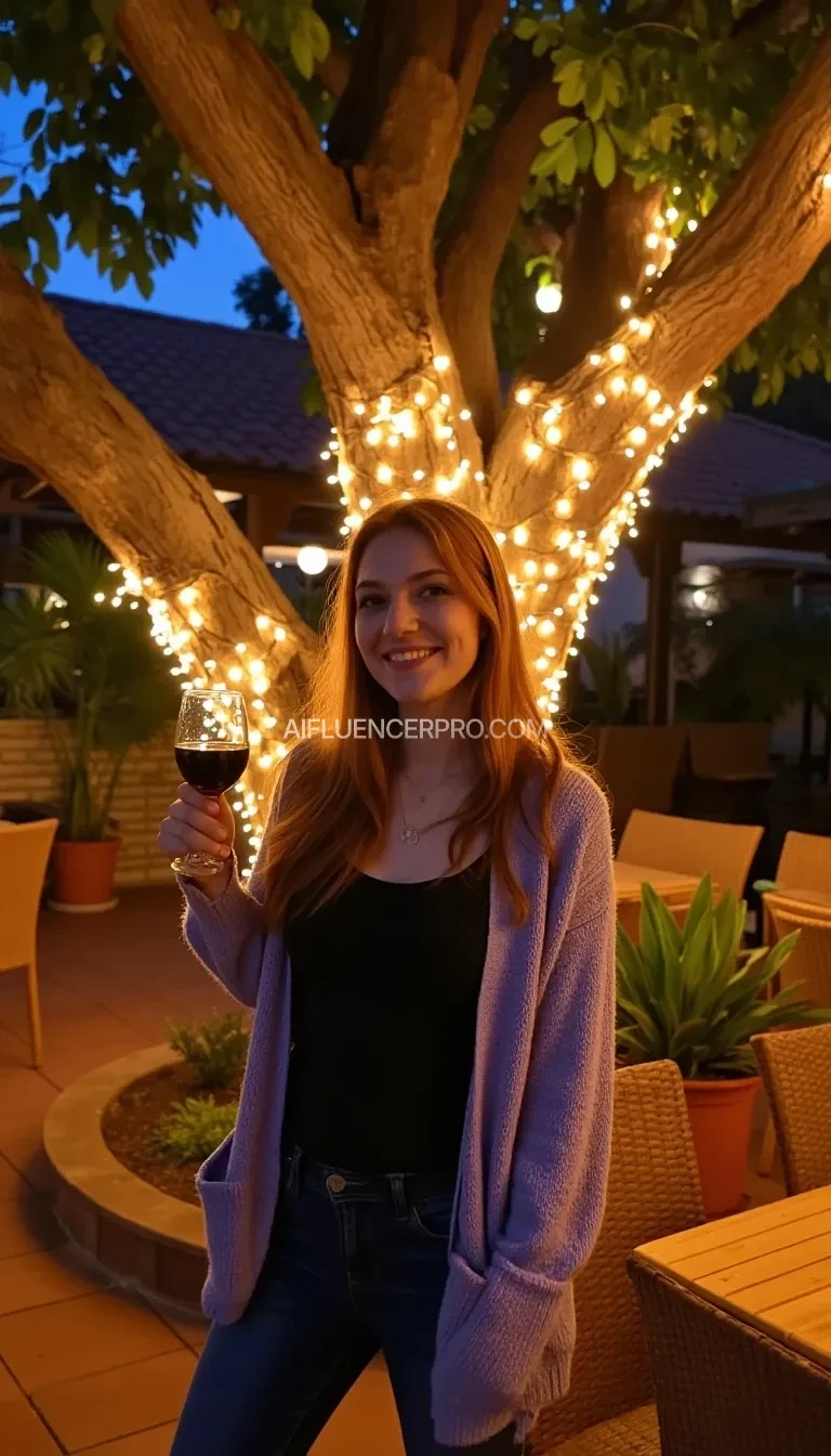 A full body shot photo of a woman standing outdoors at a cozy, warmly lit patio in the evening, with soft, glowing lights wrapped around a tree behind them creating a charming atmosphere. The image is rich in detail, with warm tones and clear textures throughout. The woman has fair skin, a slim build, and long reddish-blonde hair, also worn loose. She is smiling warmly at the camera, holding a glass of red wine in her right hand, and wears a soft-textured lavender cardigan over a black top. The background features a large tree with sparkling string lights wrapped around its trunk and branches, adding a magical touch to the scene. The setting suggests a private outdoor seating area, with elements like terracotta-tiled roofing, greenery, and rattan chairs contributing to a serene, inviting vibe. The overall composition is balanced, with the woman framed against the softly glowing tree, and the lighting enhances the warm, intimate feel of a quiet evening shared among friends. The details are vivid, with textures of clothing, skin, and background elements clearly visible, while the warm lighting creates a relaxed and joyful mood