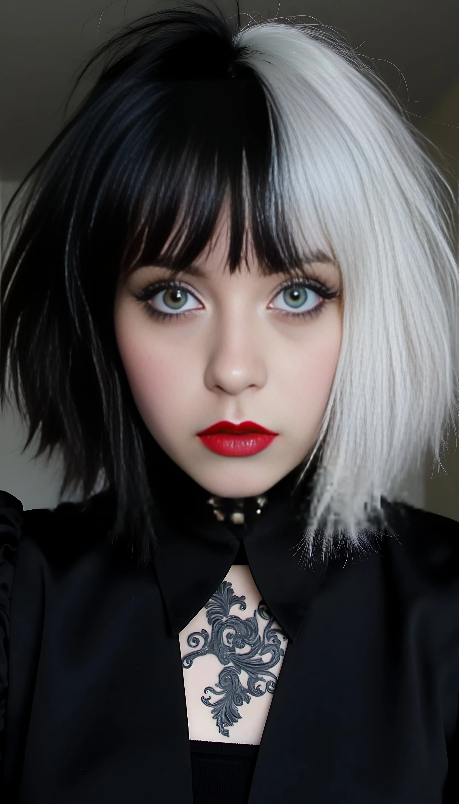 The image is a high-resolution photograph featuring a young 18 years old woman with a striking gothic style. She has a pale complexion and wears vibrant, deep red lipstick that contrasts sharply with her dark eyeliner and mascara, accentuating her large, expressive green eyes. Her hair is styled in an asymmetrical bob, with the left side  fully dyed black and the right side fully dyed white, creating a striking contrast, styled in a voluminous, very messy tousled bob with bangs that frame her face.