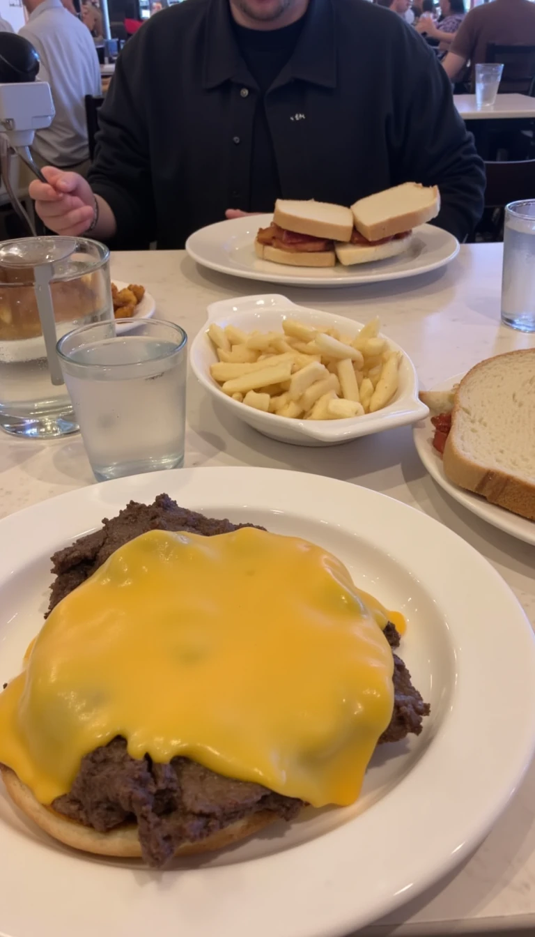 boring low quality snapchat photo circa 2015, this picture is being taken in a restaurant. The picture is of cheese and steak sandwich with a glass of water next to it. There are other food dishes and drink glasses on the table as well.  All the food dishes are white.